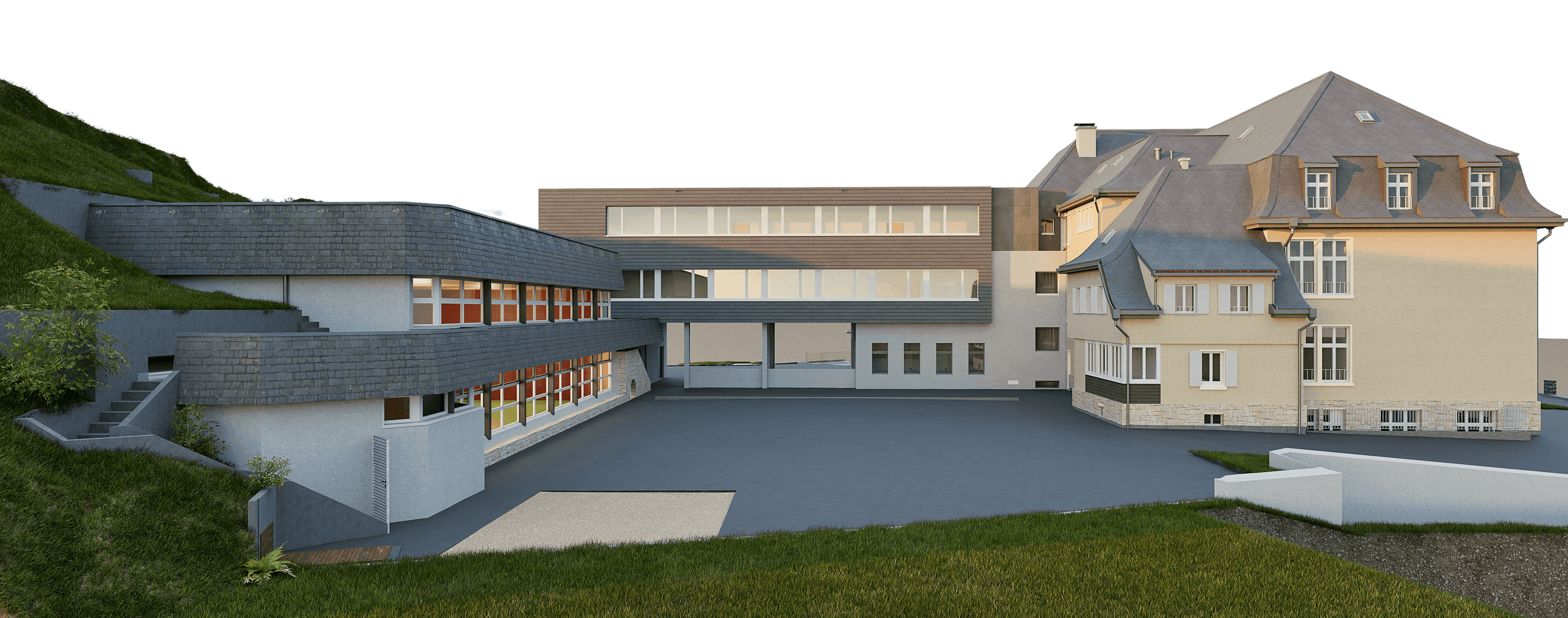 Moderne Schulanlage mit altem und neuem Gebäude bei Dämmerung.
