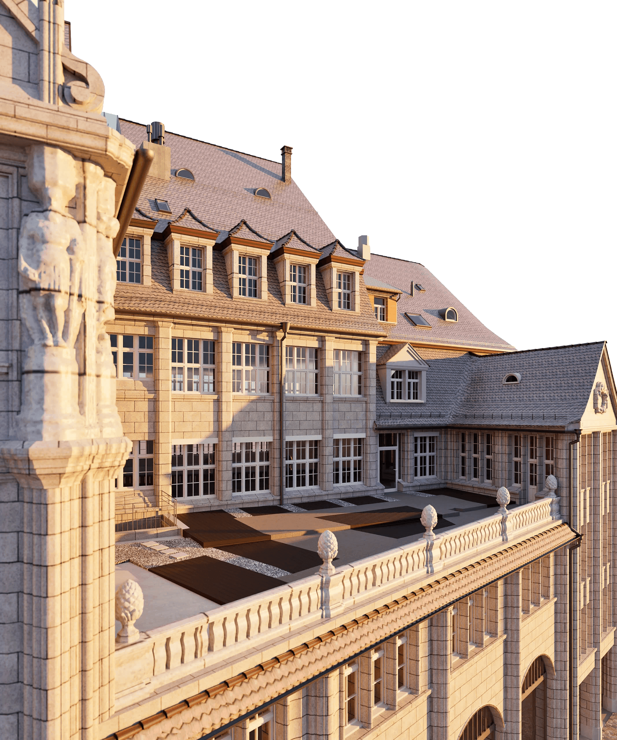 Ein historisches Gebäude mit detaillierter Fassade und kunstvollen architektonischen Elementen bei Sonnenuntergang.