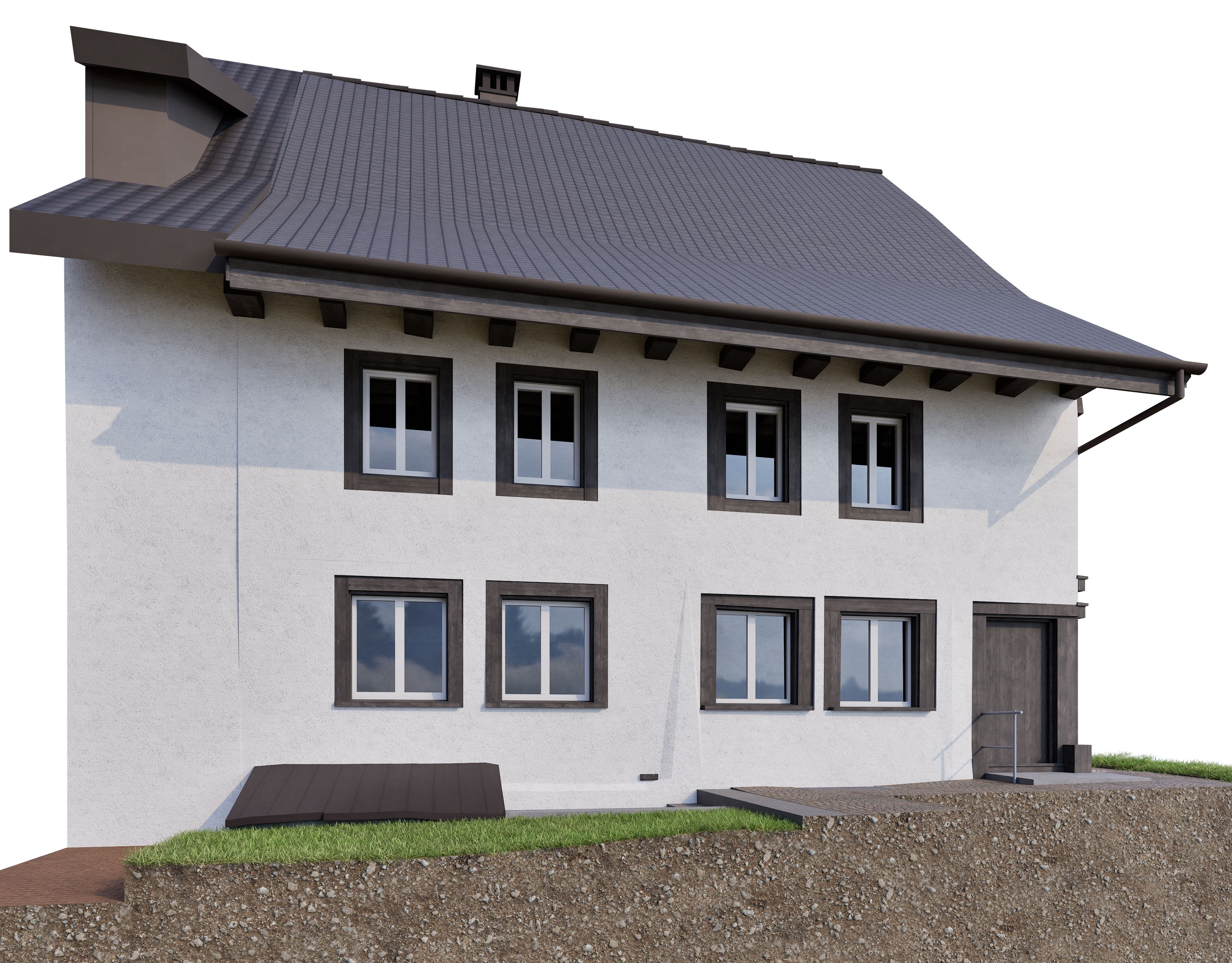 Ein zweistöckiges Haus mit weißer Fassade, vielen Fenstern und einem großen geneigten Dach.