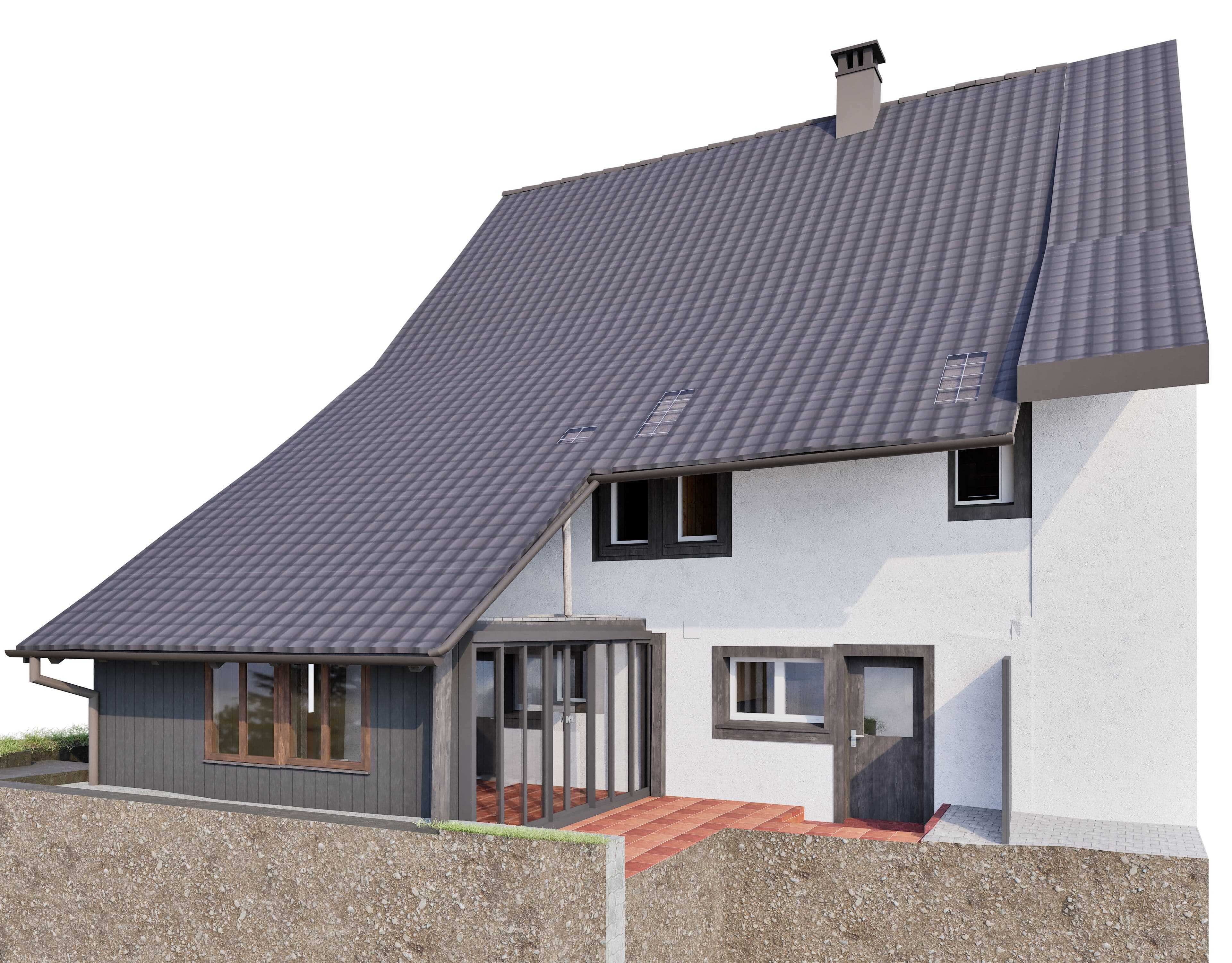 Modernes Einfamilienhaus mit Satteldach, großer Terrasse und mehreren Fenstern.