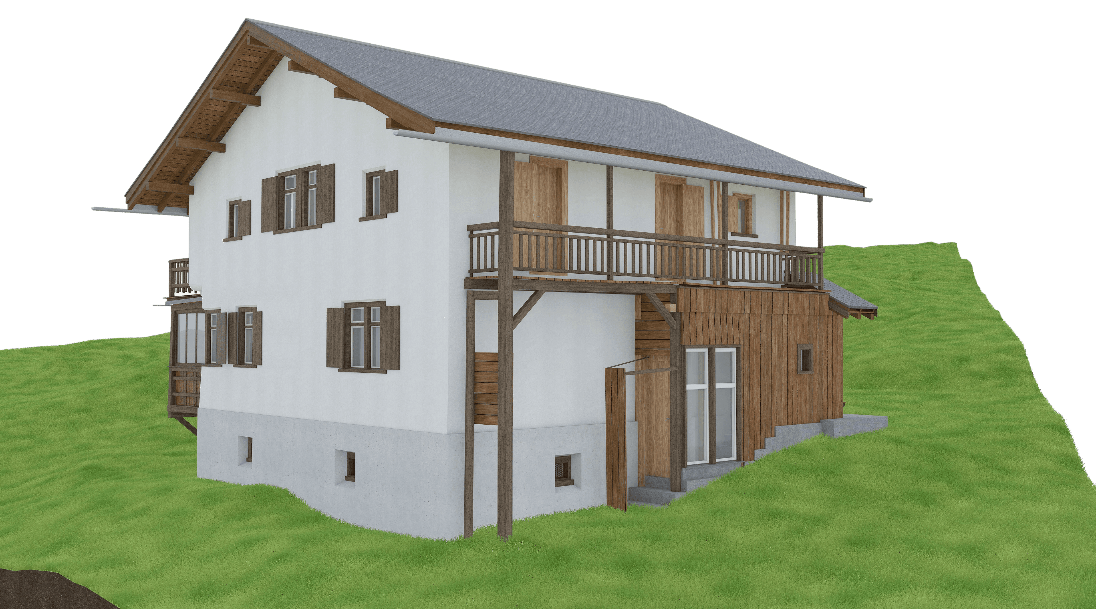 Ein traditionelles zweistöckiges Haus mit Holzdetails auf grünem Hintergrund.