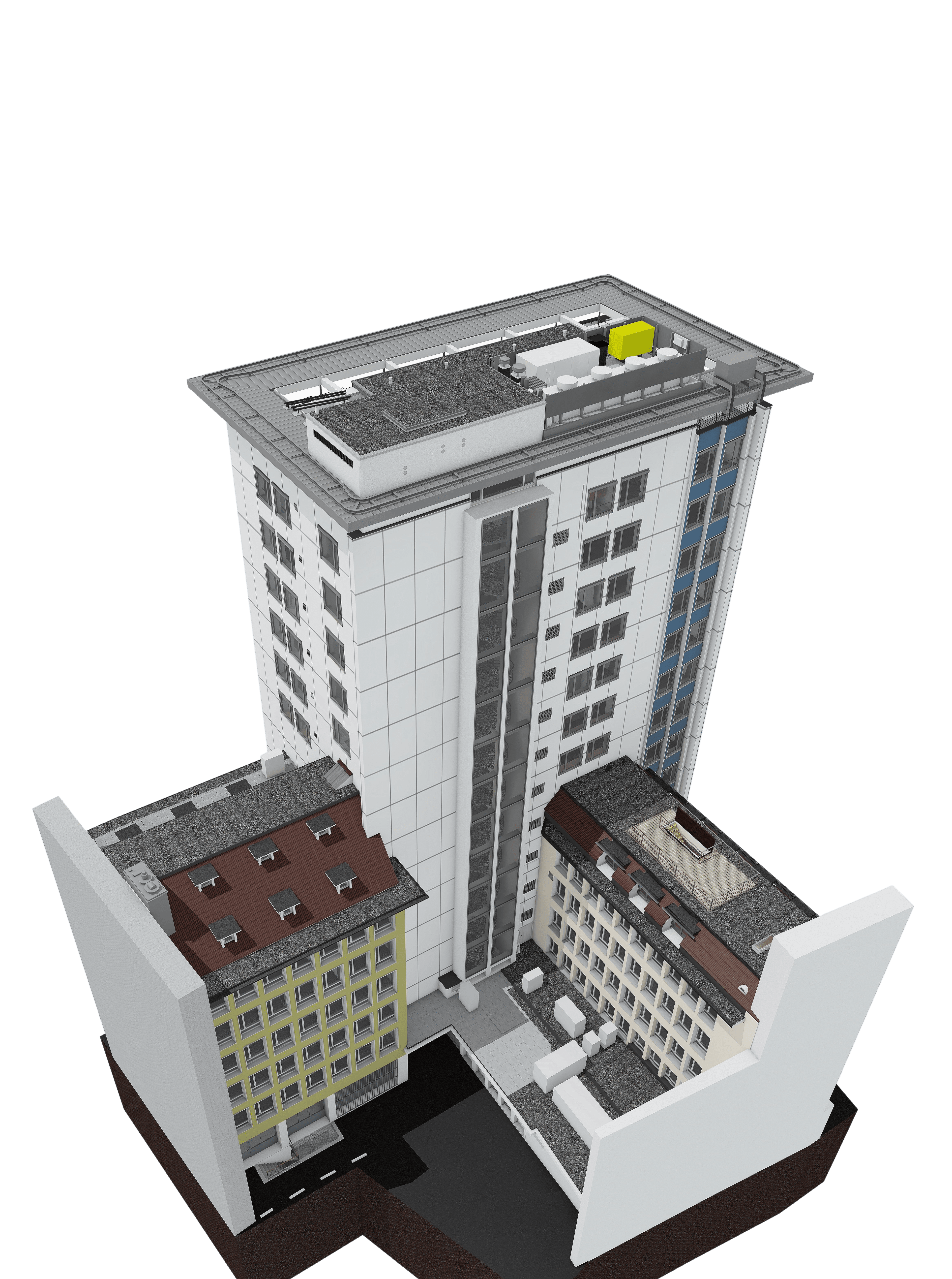 Hochhaus mit flachem Dach und angrenzenden Gebäuden. Moderne Architektur mit weißen Fassaden und großen Fenstern.