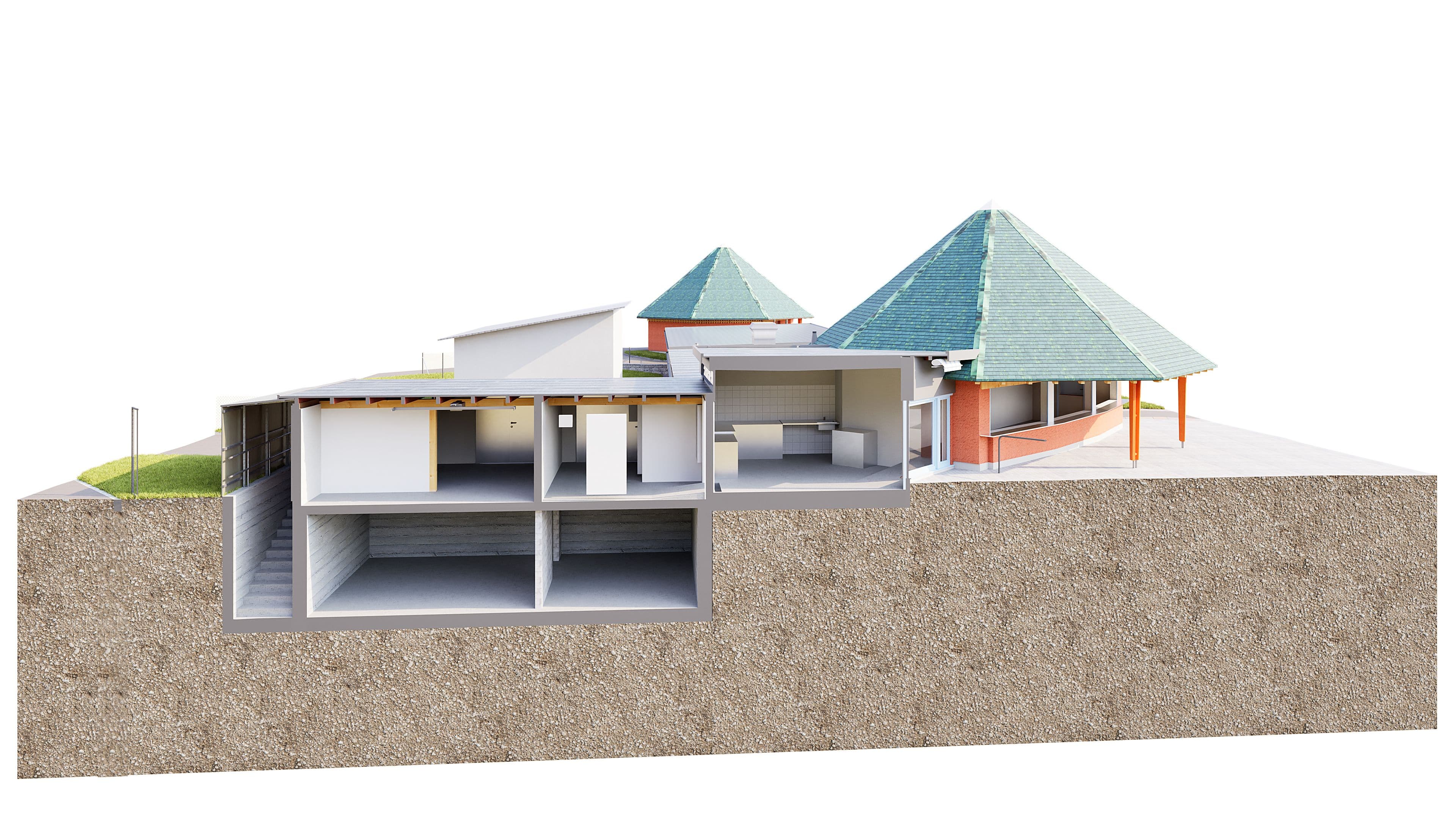 3D-Schnittmodell eines Hauses im Erdreich: Querschnitt mit Keller, Räumen und Fundament, darüber Gebäudeteile mit mehreren Pyramidendächern – Architektur-Visualisierung auf weißem Hintergrund.