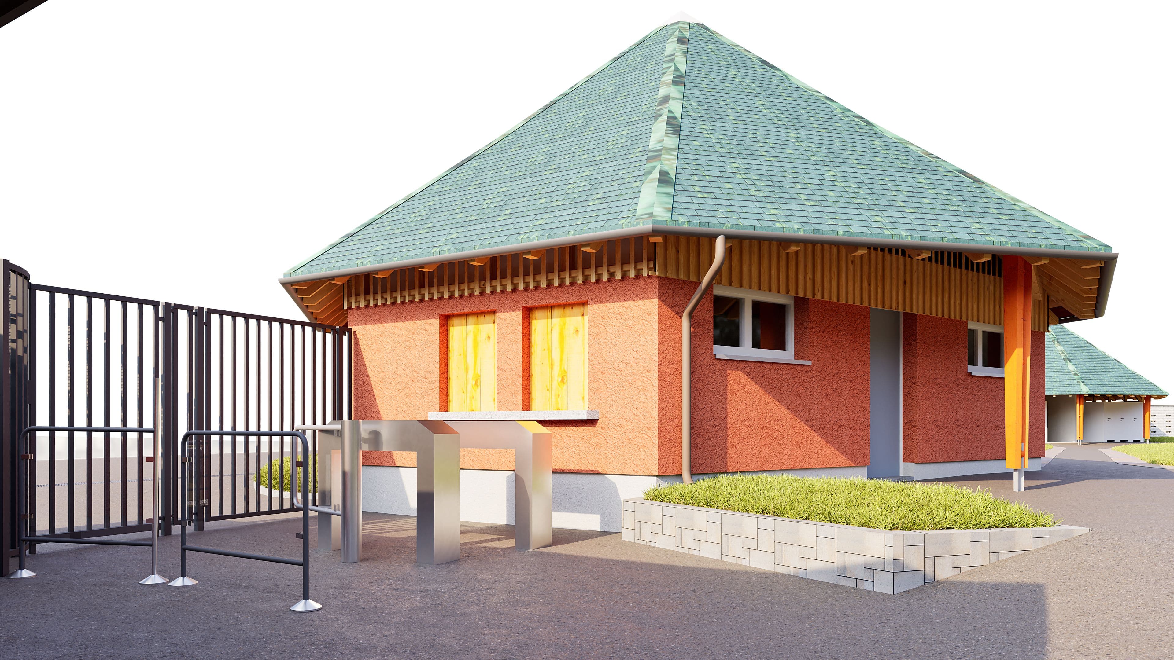 Modernes Backsteingebäude mit grünem Walmdach, kleinen Fenstern und Eingang, davor Metallzaun mit Tor und Pollern; gepflasterter Hof und bepflanztes Beet neben dem Gebäude.