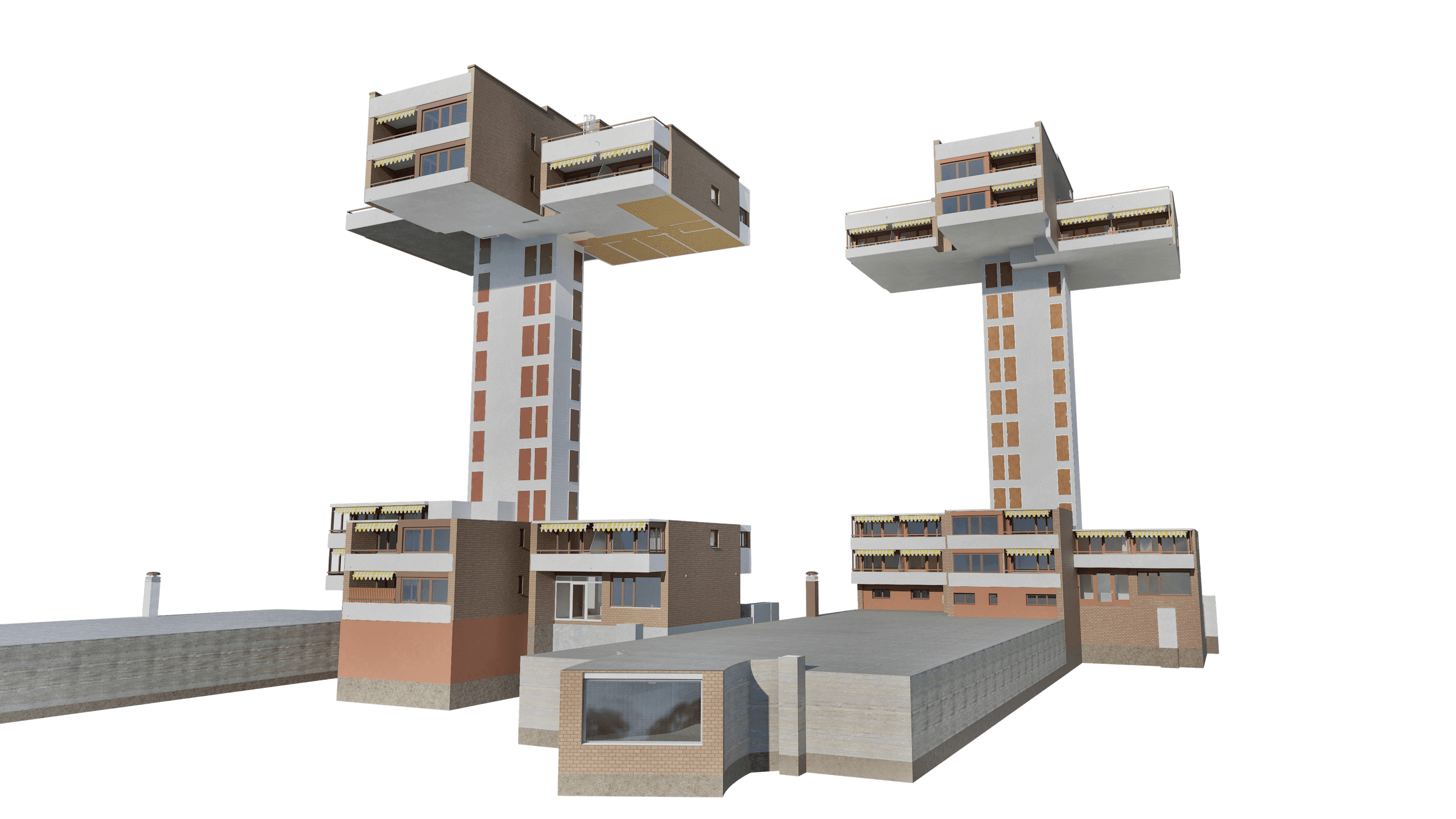 Ein modernes Gebäude mit zwei turmförmigen Strukturen und kastenartigen, horizontalen Auslegern.