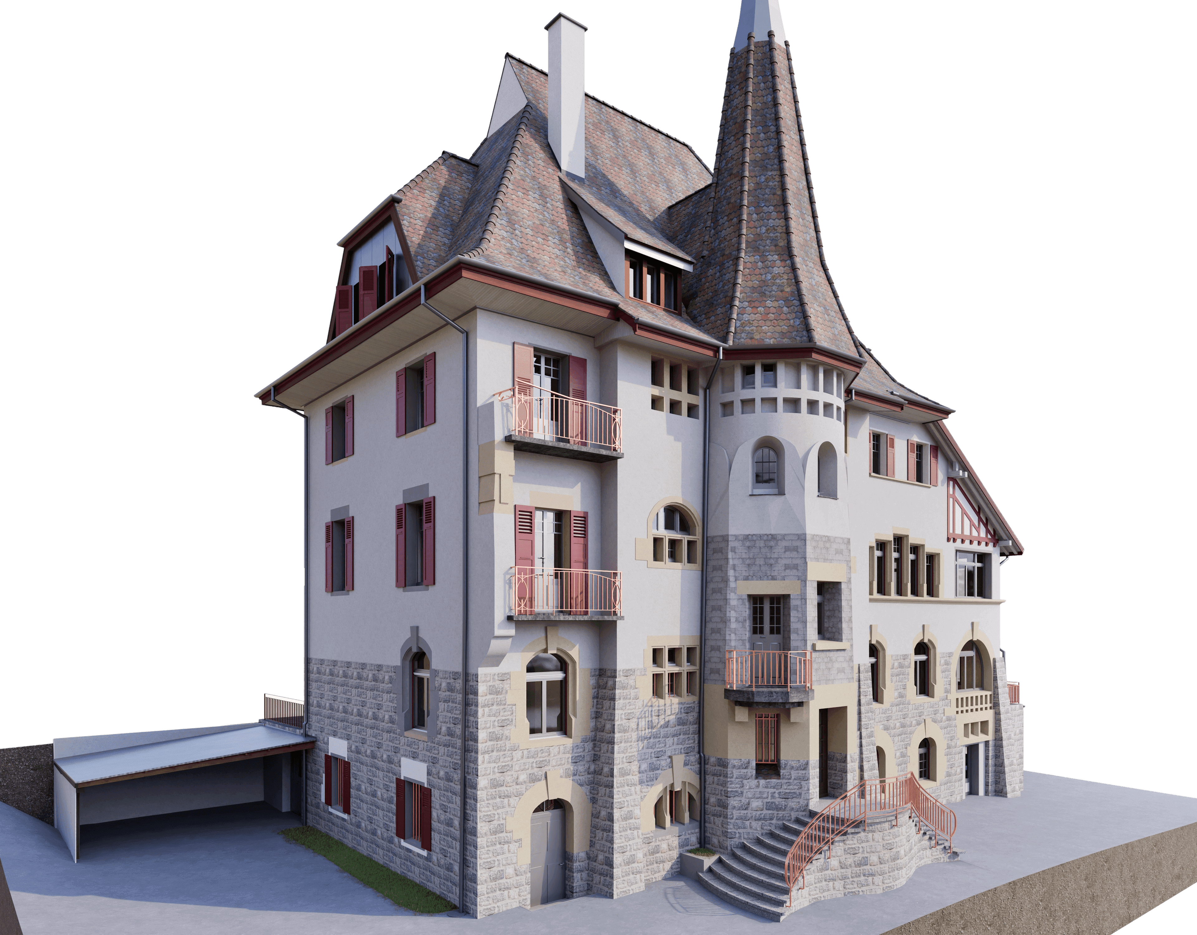 Historisches Gebäude mit Erker, spitzem Turm und Ziegeldach, kombiniert aus Steinfassade und Fachwerk.