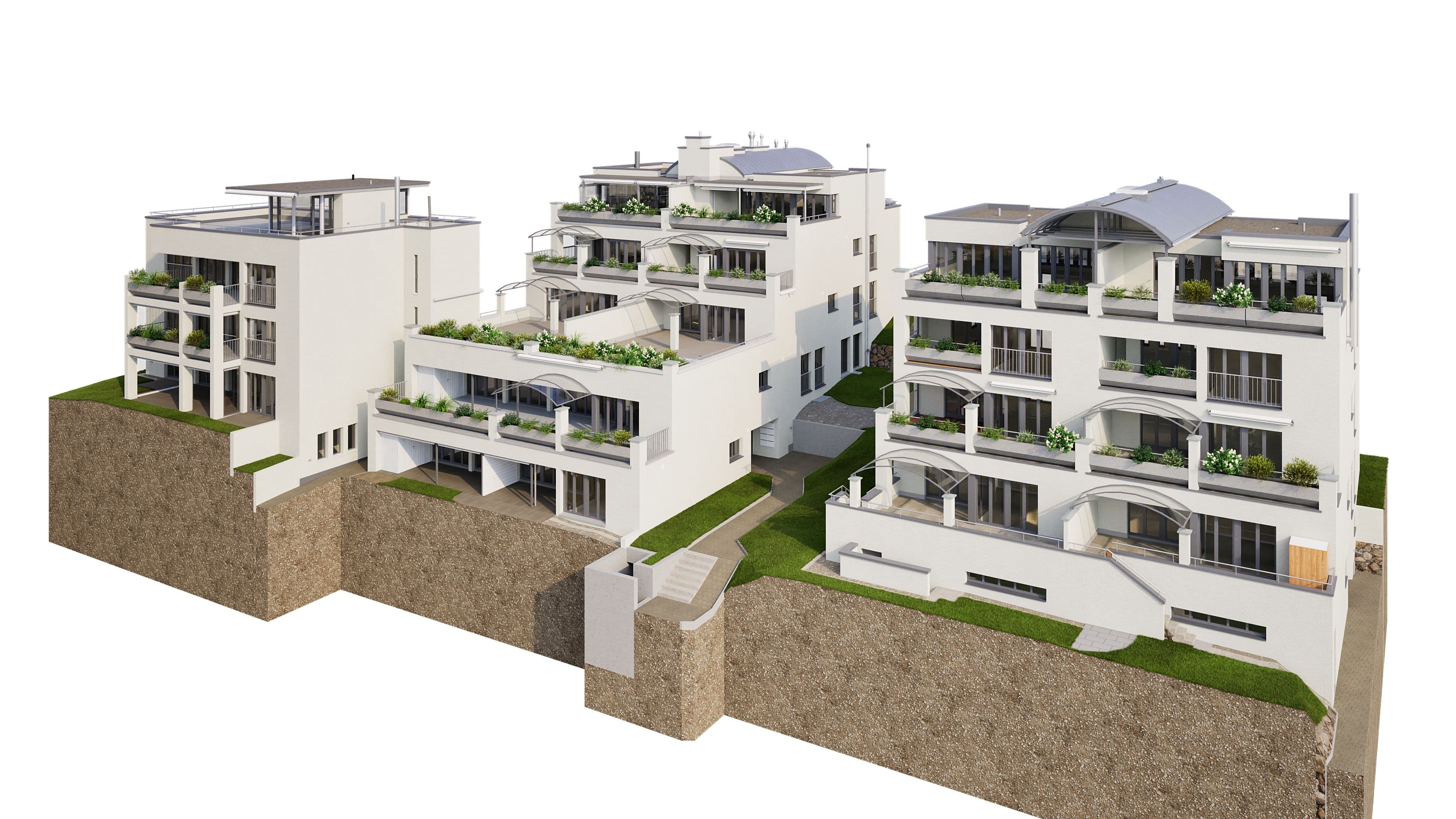 Mehrfamilienhäuser mit modernen Balkonen und begrünten Dächern auf einer Hanglage.