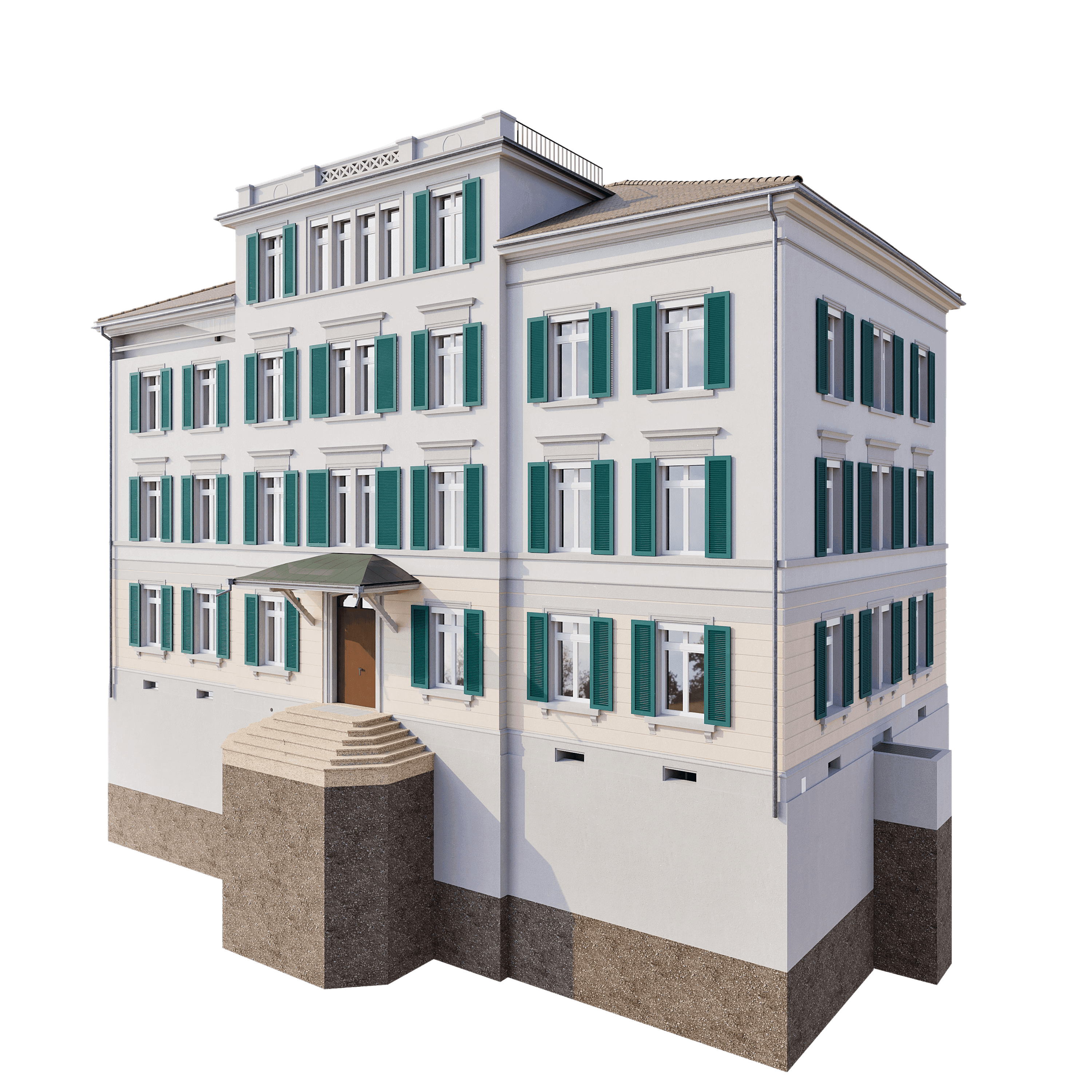 Ein weißes, mehrstöckiges Gebäude mit grünen Fensterläden und Steintreppe.
