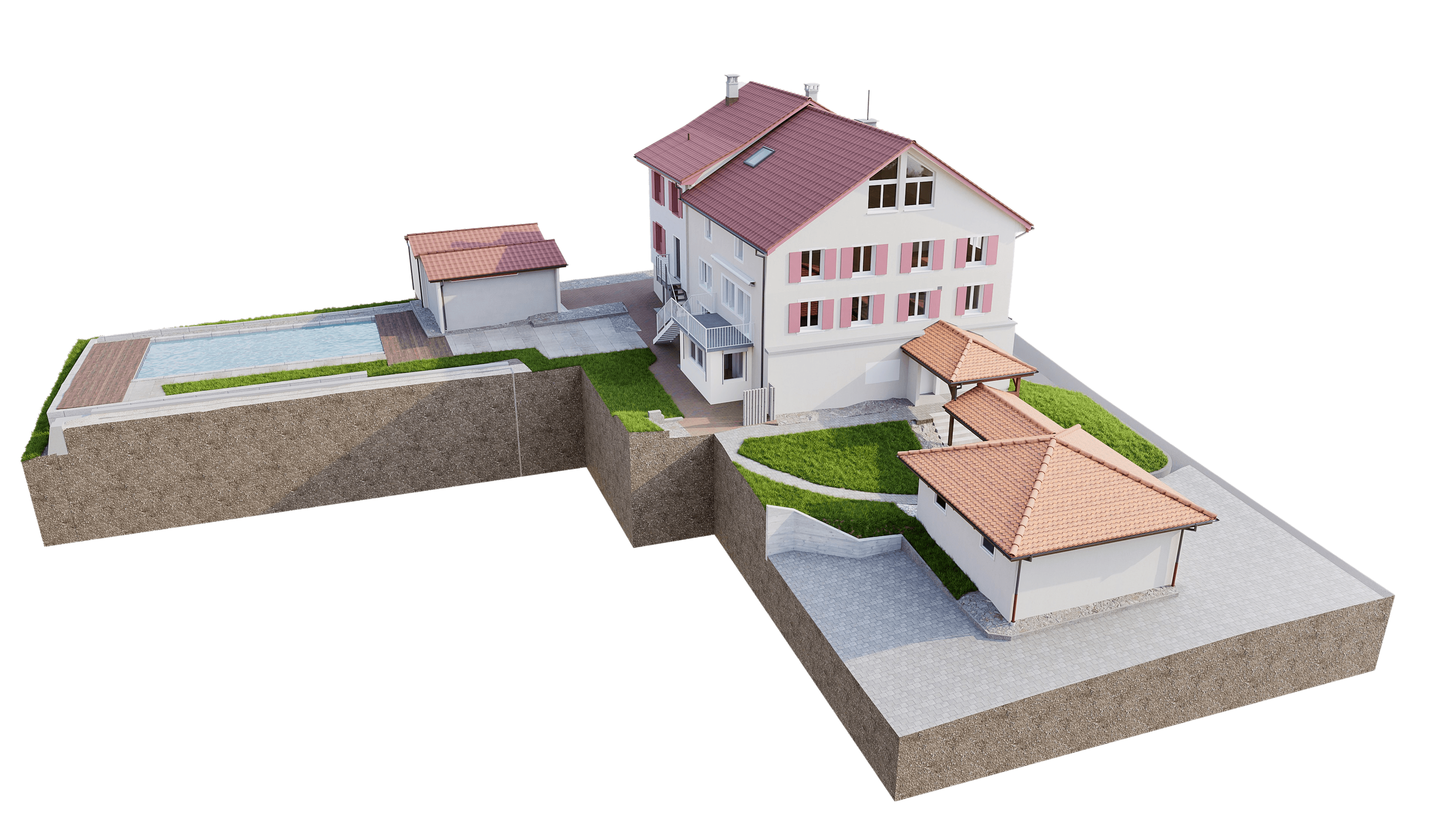 Entwurf eines mehrstöckigen Hauses mit Außenanlagen, Treppen und Terrassen, umgeben von Steinmauern.