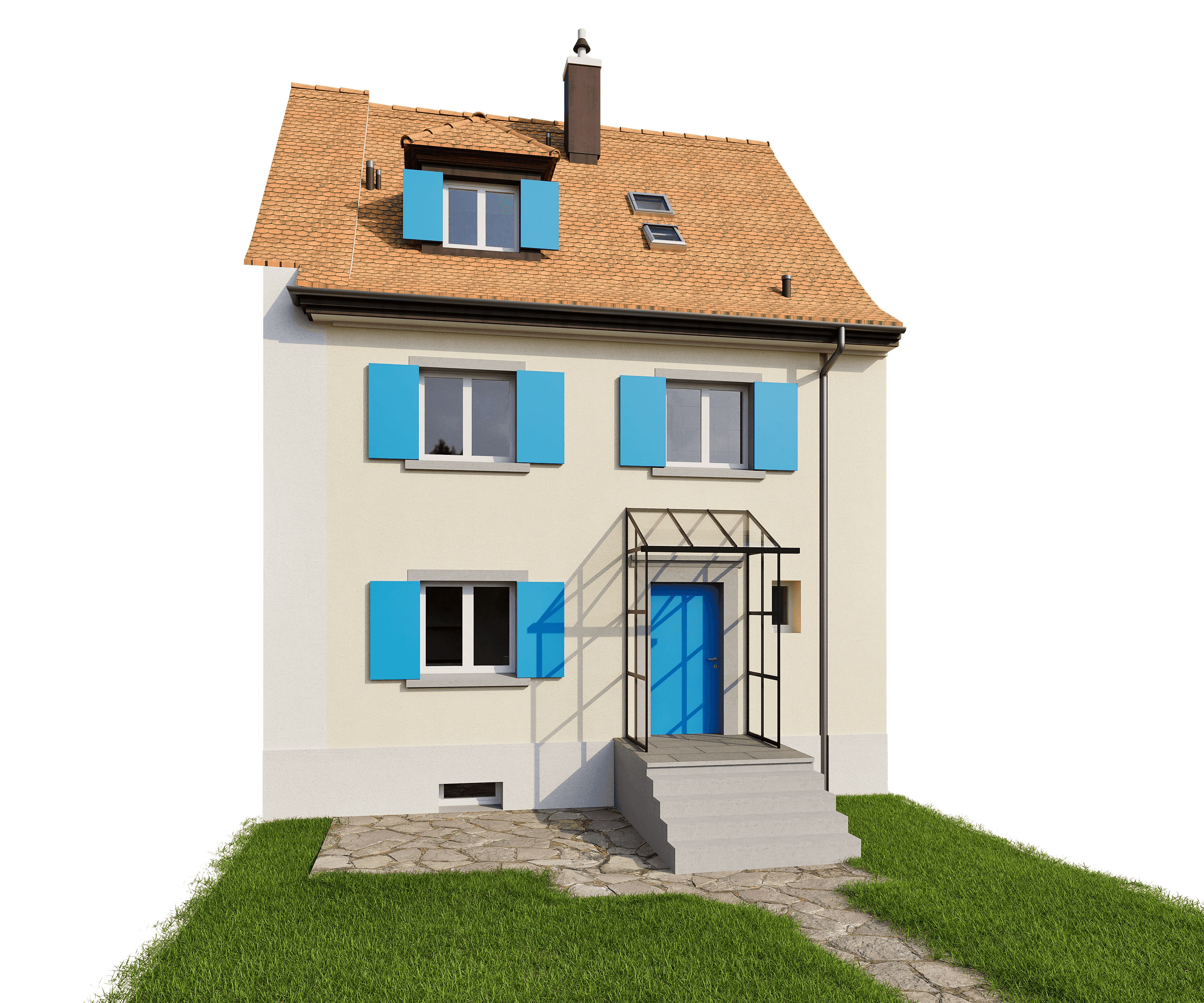 Ein zweistöckiges Haus mit rotem Dach, blauen Fensterläden, Eingangstreppe und grünem Rasen.