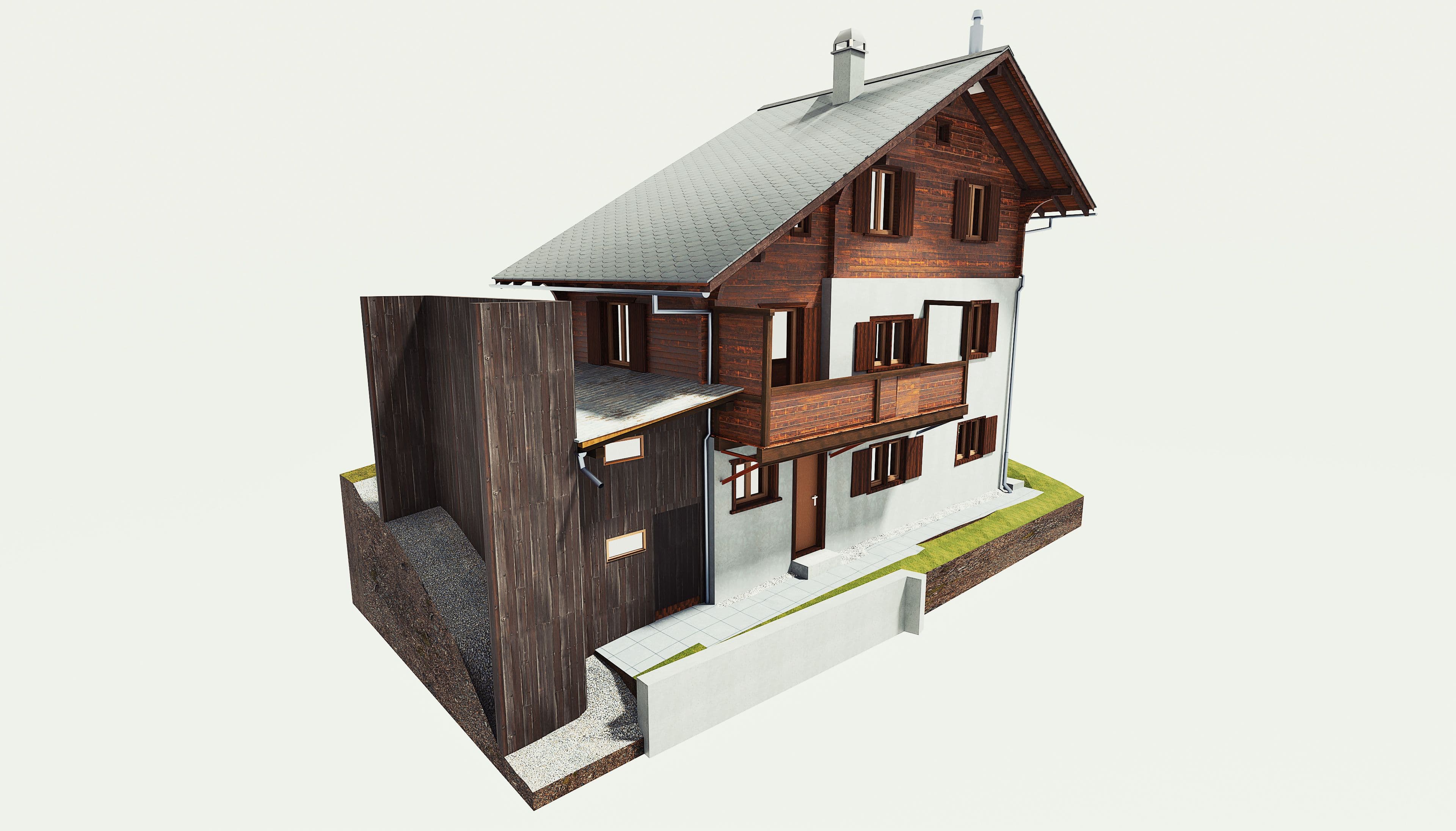 Alpenhaus 3D-Rendering, traditionelles Holzdesign mit modernen Architekturelementen.