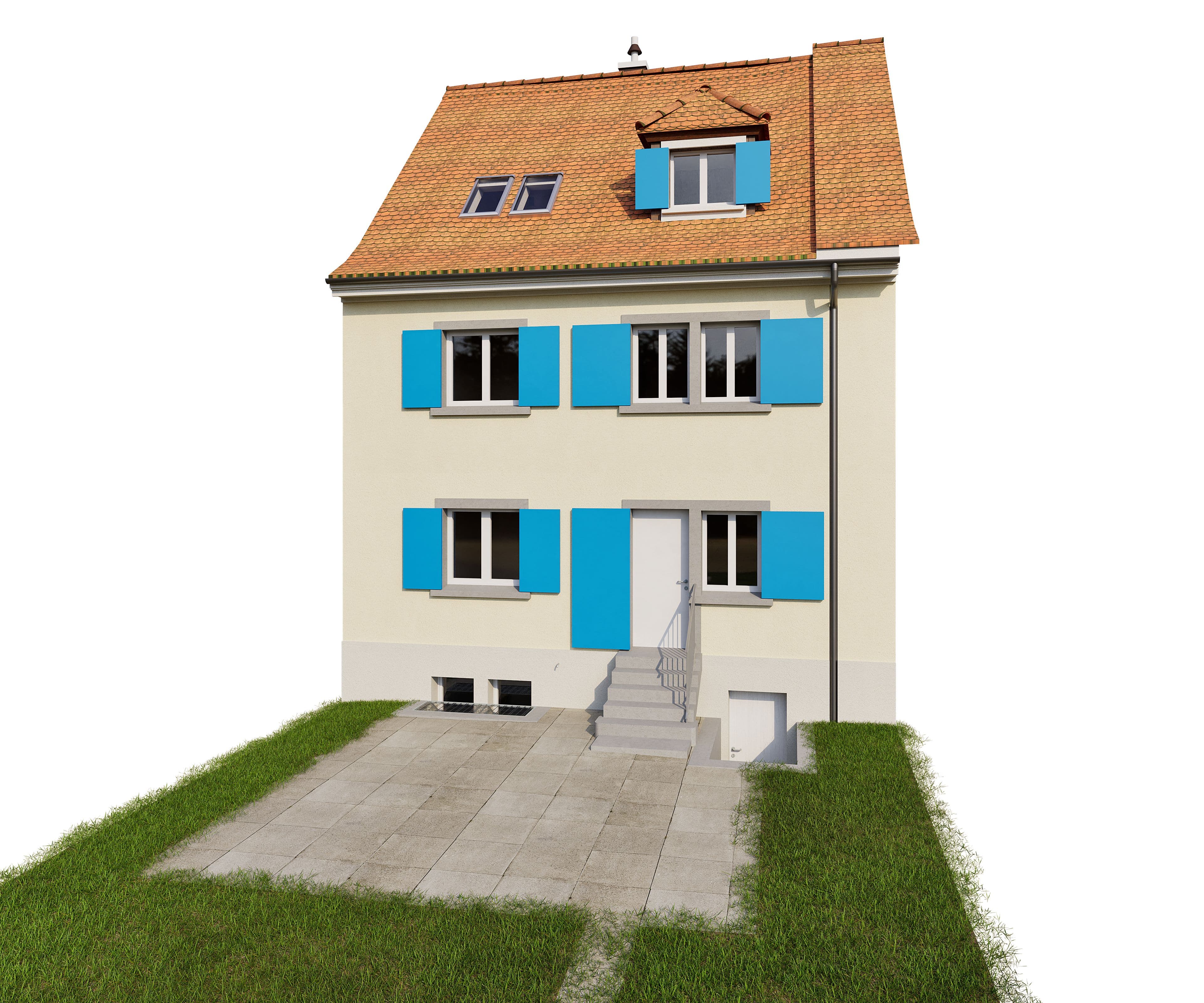 Ein zweistöckiges Haus mit roten Dachziegeln, blauen Fensterläden und einer Terrasse, umgeben von einer grünen Wiese.