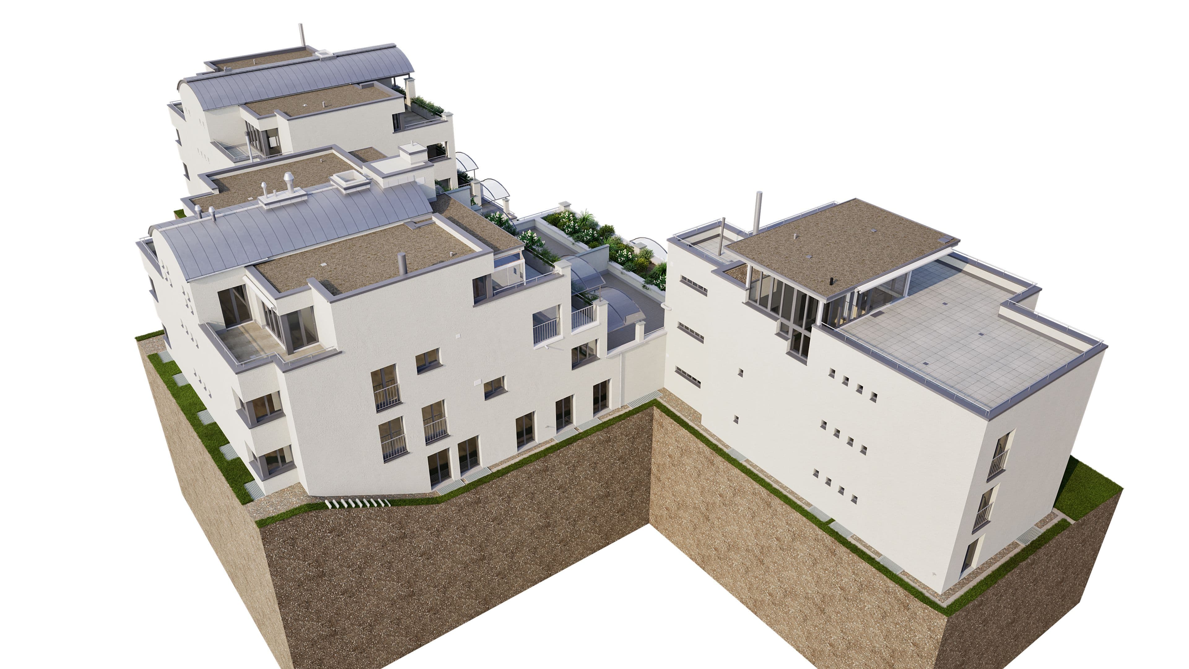 Entwurf eines modernen Wohnkomplexes auf einem erhöhten Gelände, mit Flachdächern und Terrassen.