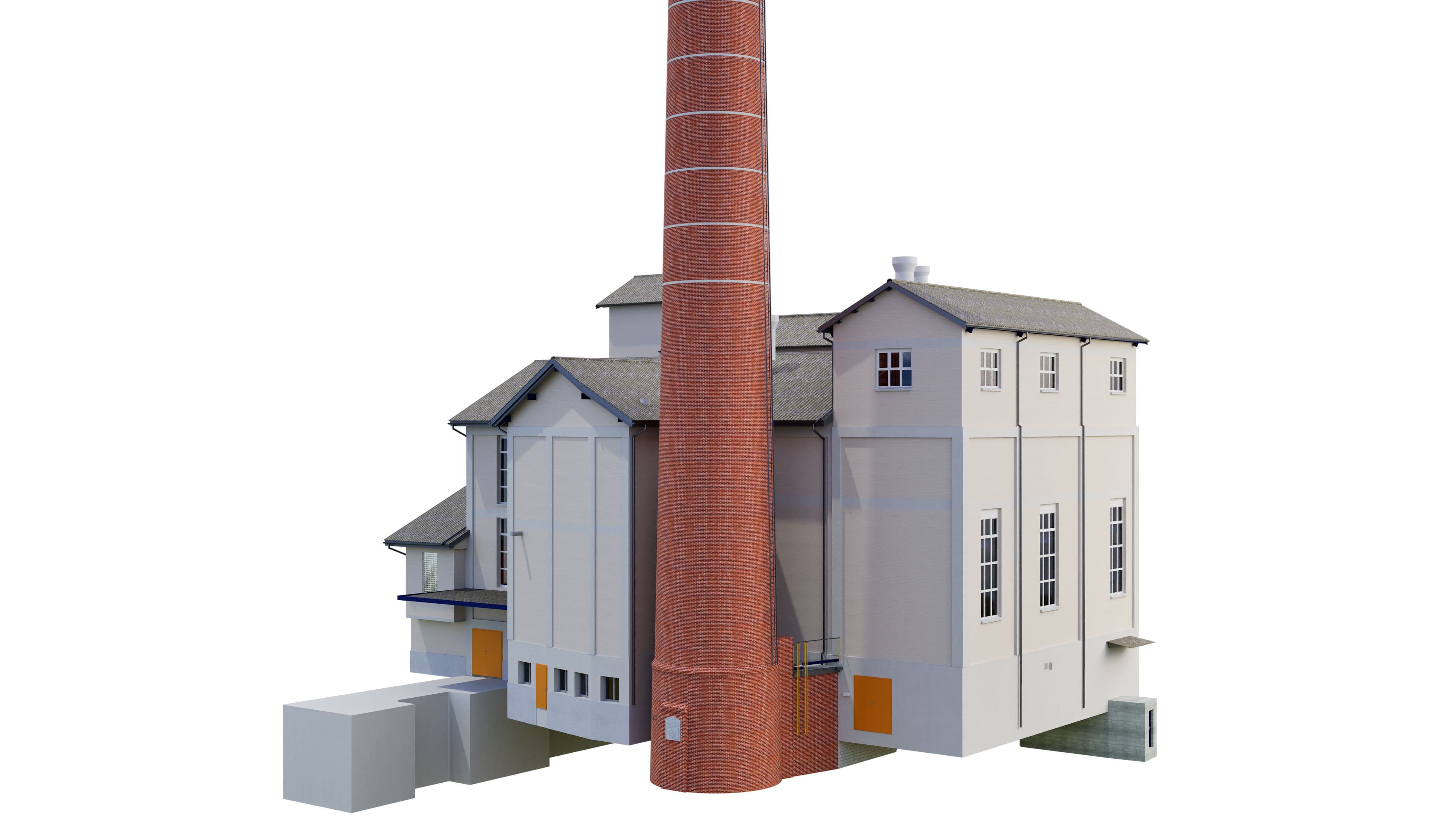 Ein historisches Gebäude mit rotem Schornstein und grau-weißer Fassade, zeigt industriellen Baustil.
