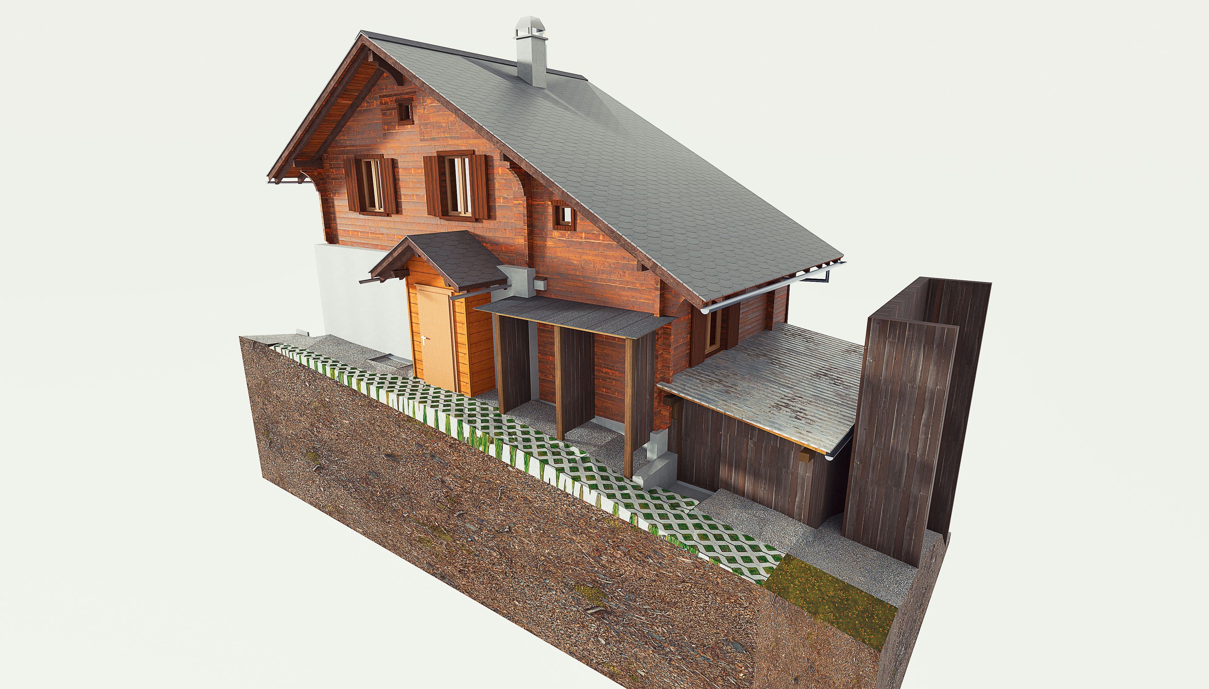 Ein zweistöckiges Holzhaus auf einem Hang, mit grauem Dach und einer Garage.