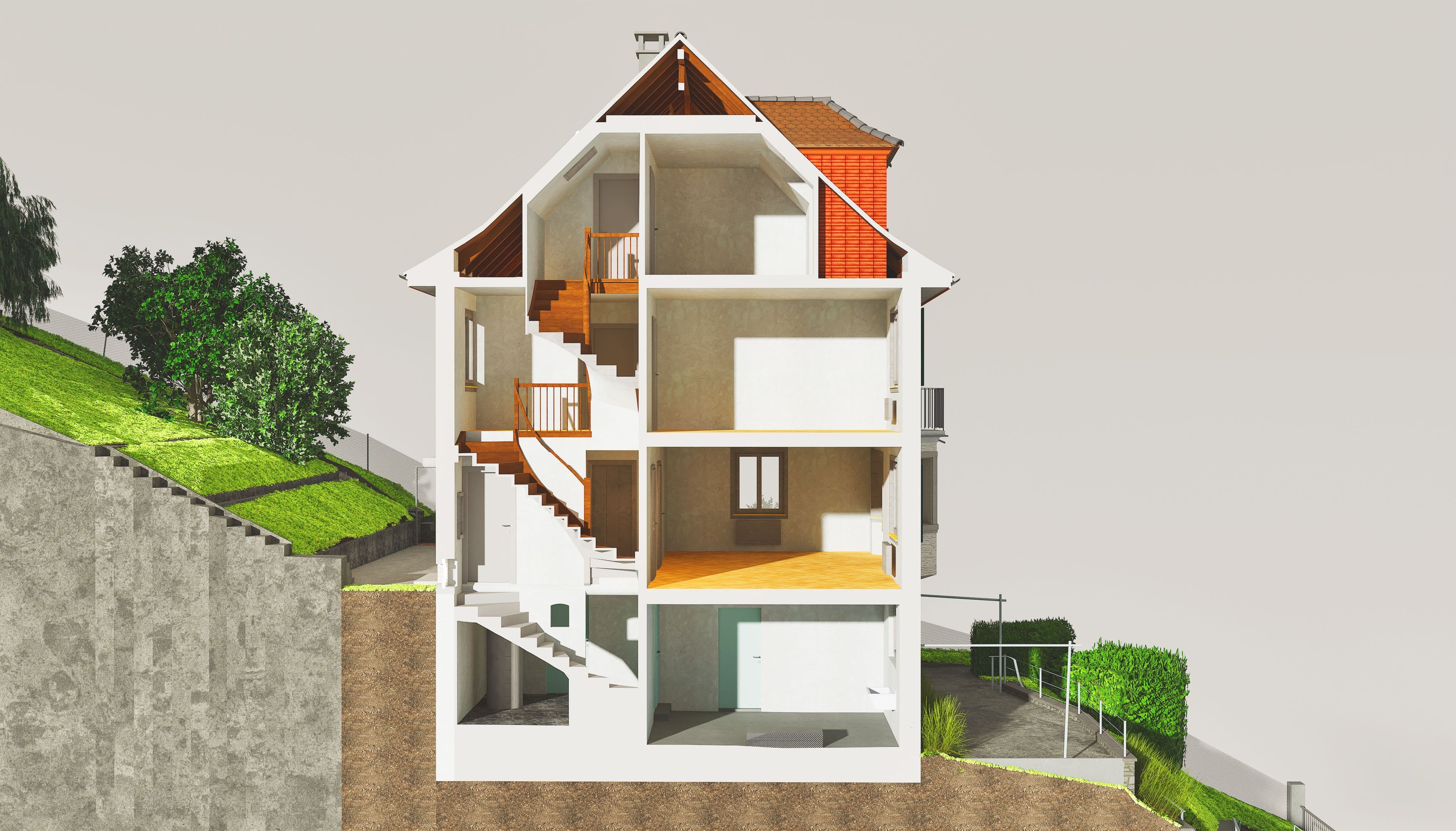 Querschnitt eines dreistöckigen Hauses auf einem Hang mit Garten, Innenräume und Treppen sichtbar.