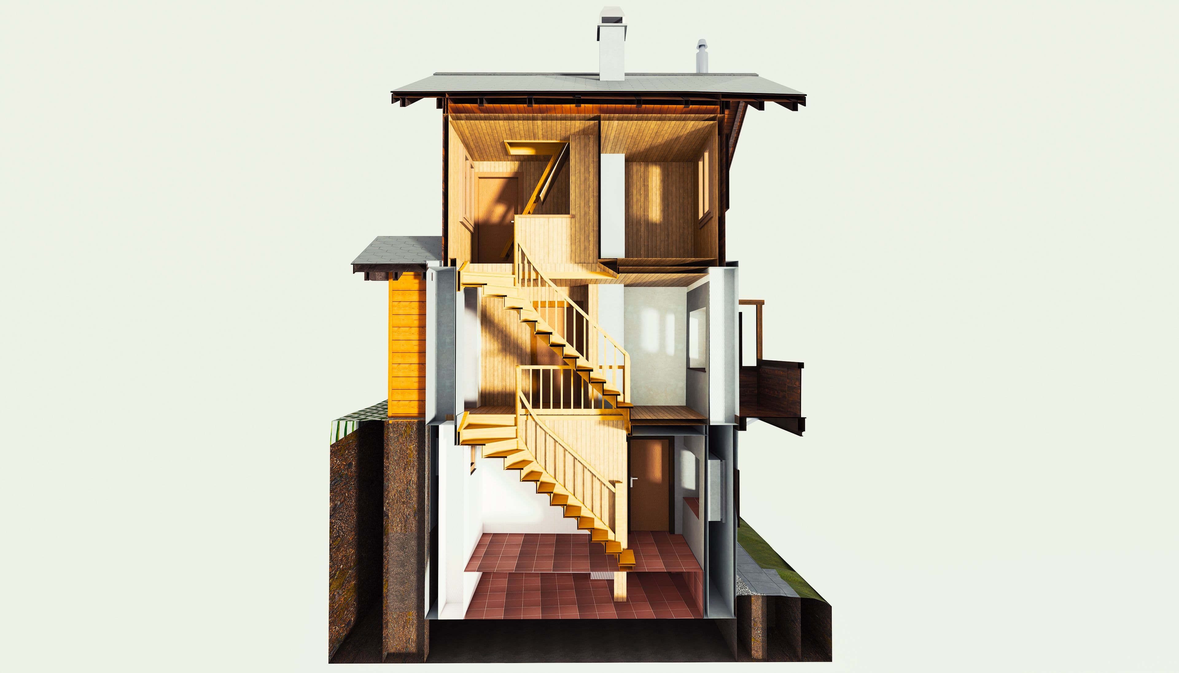 Ein modernes, mehrstöckiges Holzhaus im Querschnitt, das architektonische Details und Innenraumgestaltung zeigt.