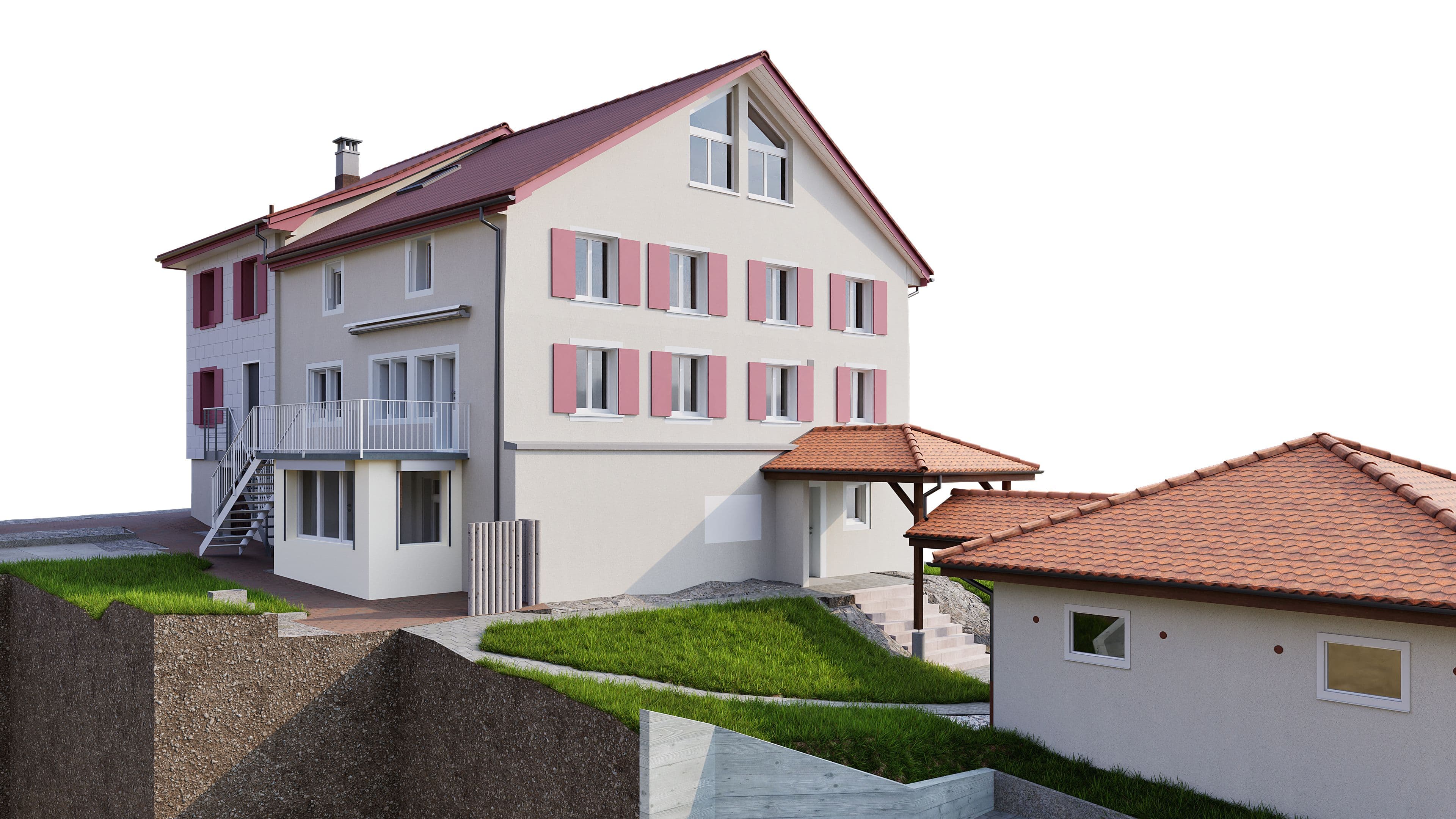 Zweistöckiges Haus mit rotem Dach und Fenstern mit Fensterläden, umgeben von gepflegtem Rasen und modernem Anbau.