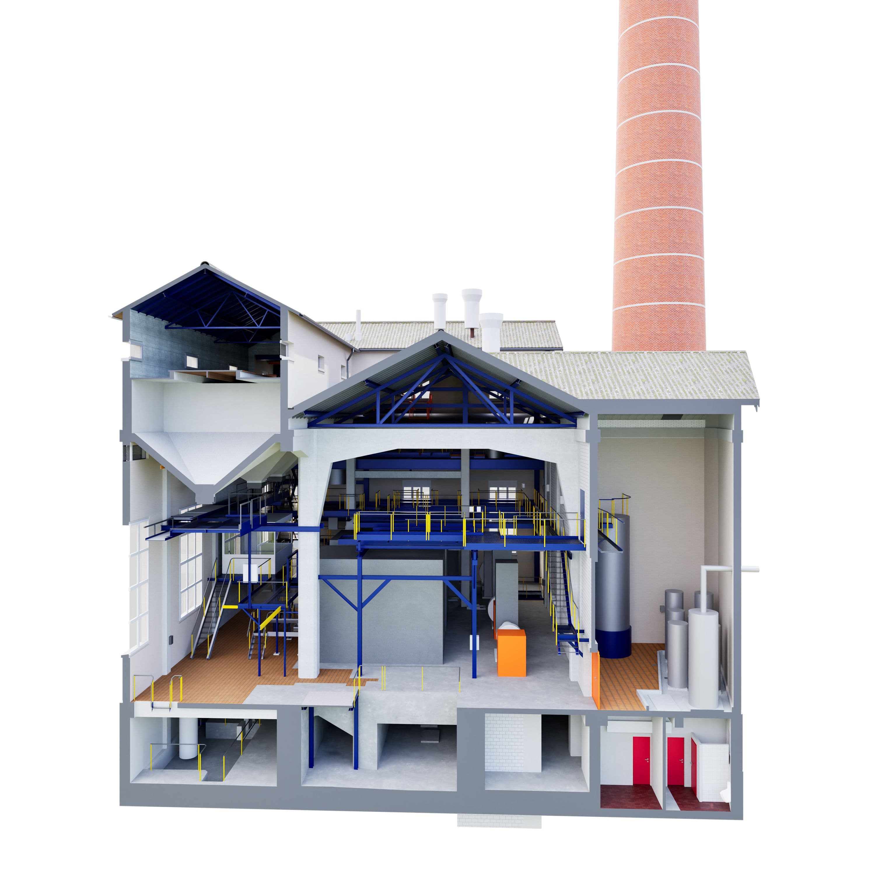 Industriegebäude-Schnittansicht mit Förderanlagen, Rohrleitungen und Schornstein.