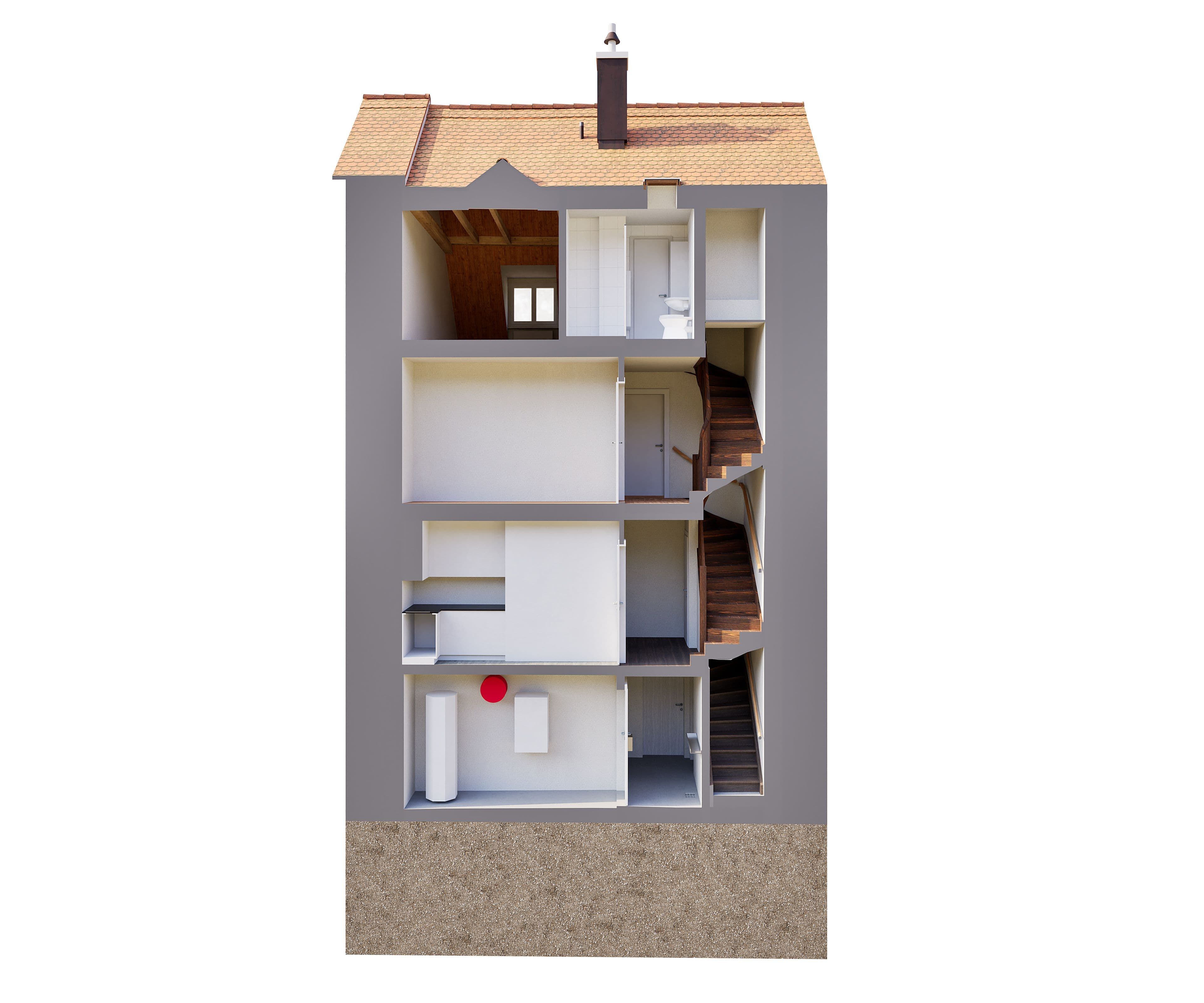 Schnittmodell eines mehrstöckigen Hauses mit sichtbaren Treppen und Räumen, zeigt Innenstruktur und Installationen.