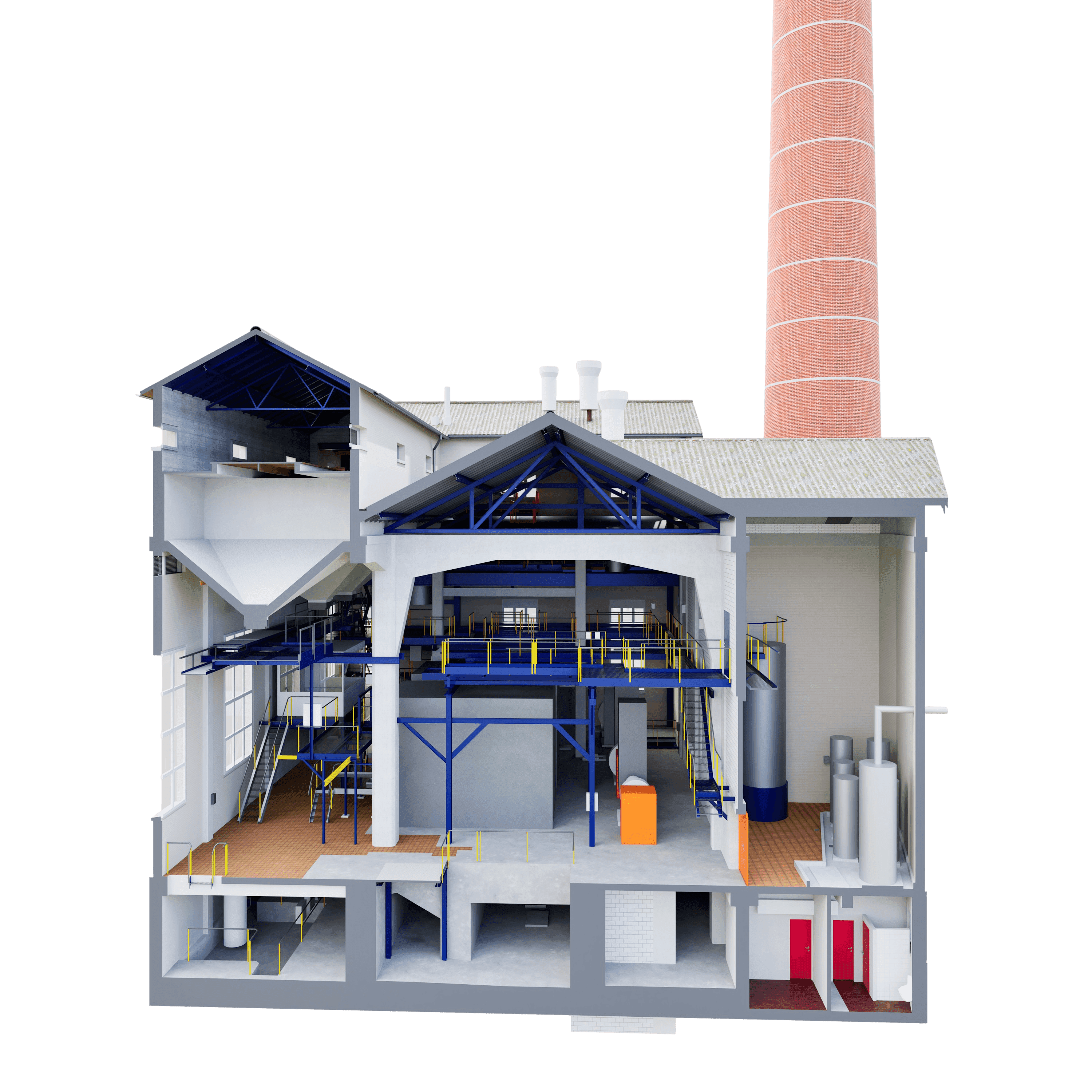 Industrielle Fabrikarchitektur im Querschnitt mit sichtbaren Maschinen und einem Schornstein.