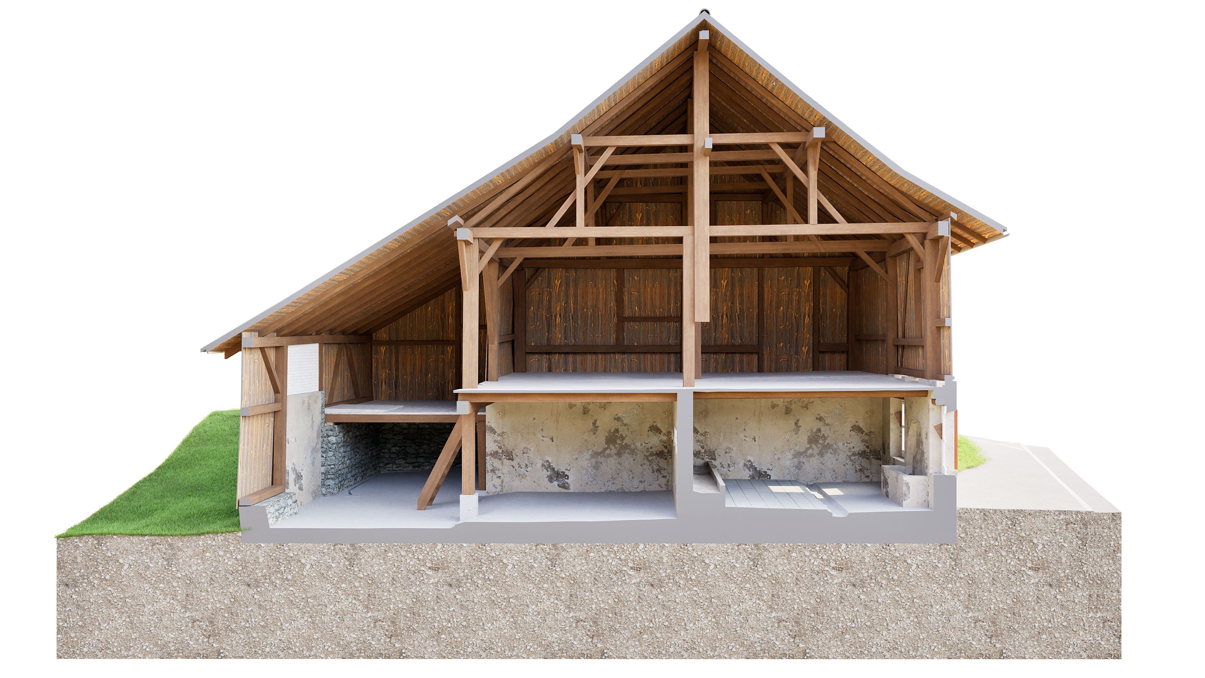 Querschnitt eines traditionell schweizerischen Stalls mit Holzstruktur und modernem erweiterten Wohnraum.