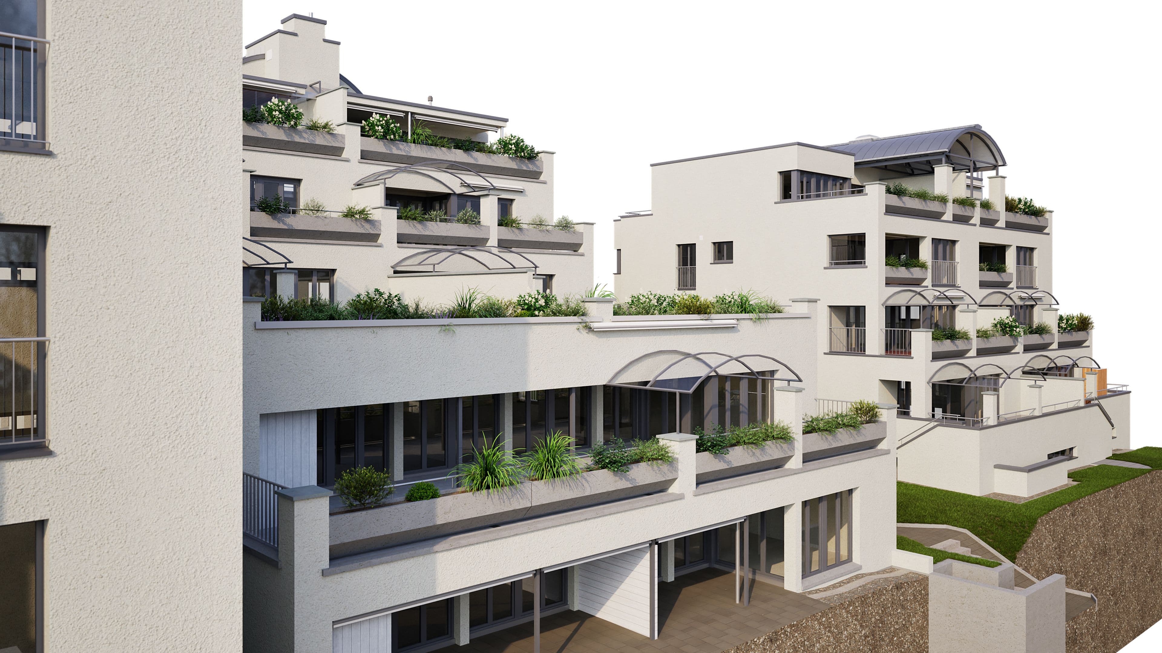 Mehrstöckiges modernes Wohngebäude mit terrassenförmigen Balkonen und üppiger Bepflanzung.