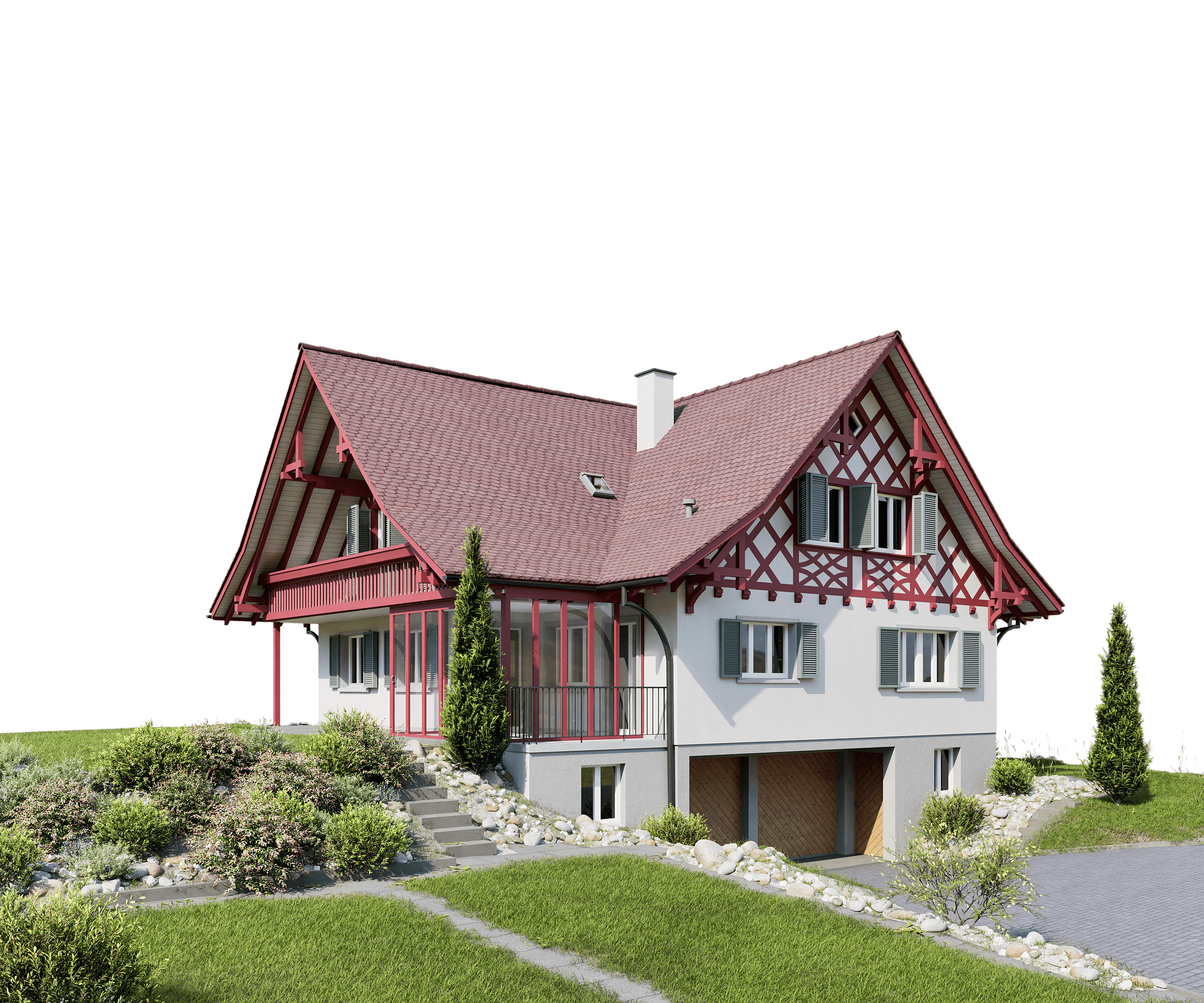 Modernes Haus mit traditionellem Giebeldach, weißen Wänden und rotem Fachwerk, umgeben von gepflegtem Garten und Natur.