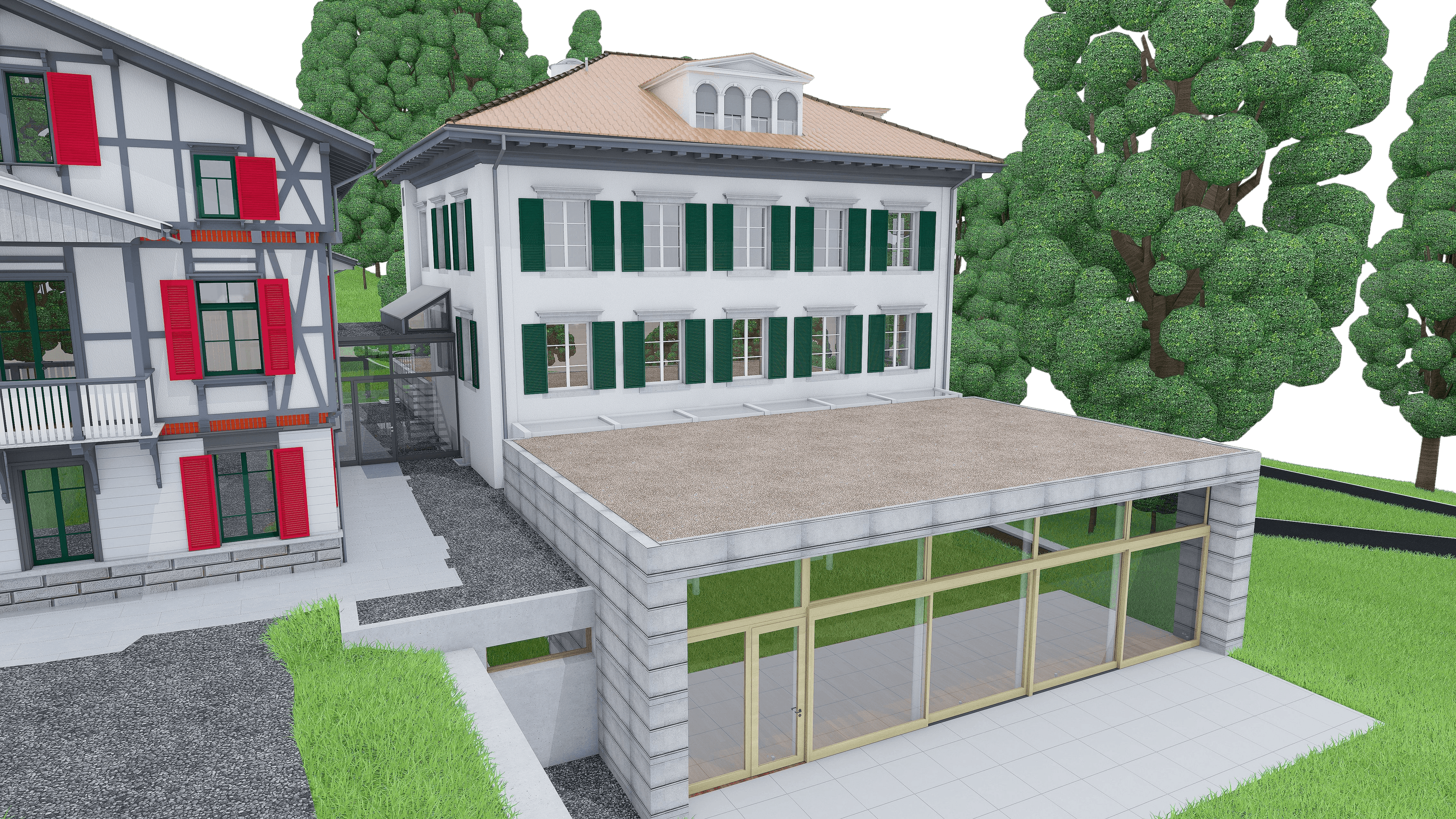 Ein modernes Gebäude mit großen Fenstern und traditionellem Haus im Hintergrund, umgeben von Bäumen, verdeutlicht die Harmonie von modernen und traditionellen Elementen in der Architektur.