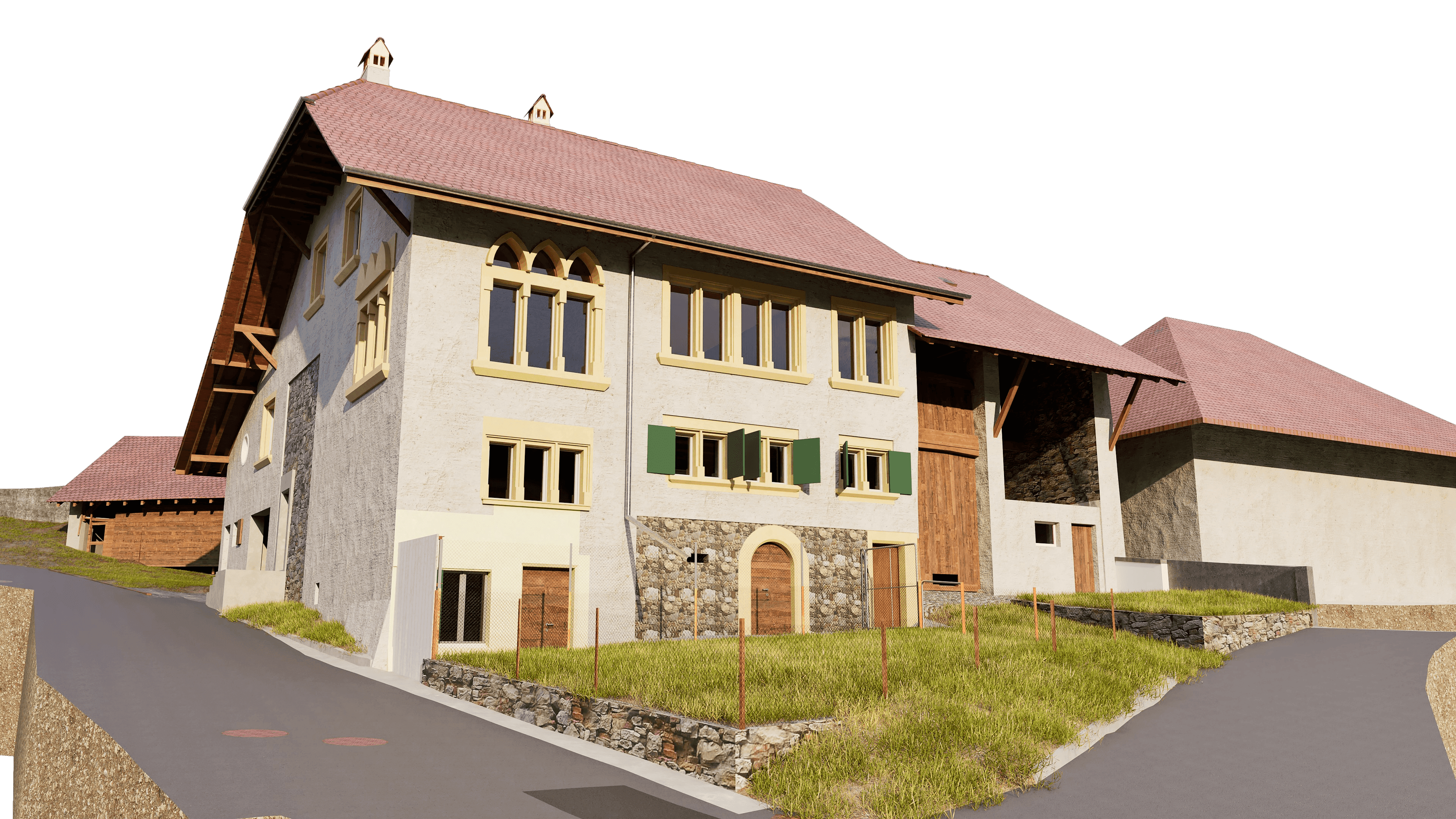 Sanierter Bauernhof mit modernem Design und roten Ziegeldächern in ländlicher Umgebung.