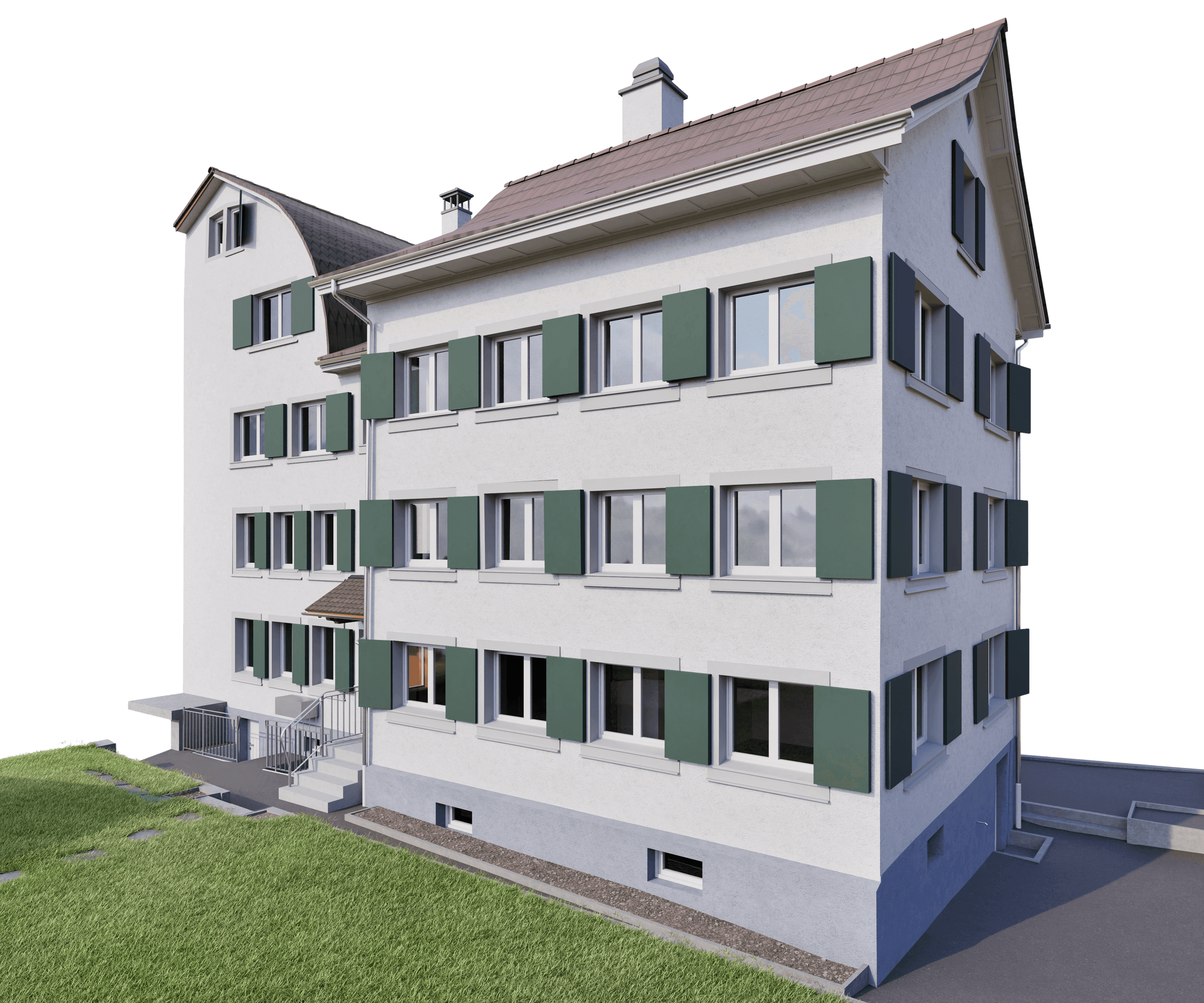 Mehrstöckiges Wohnhaus mit weißer Fassade, grünen Fensterläden und Satteldach, 3D-Visualisierung in schräger Außenansicht mit Rasenfläche und Zufahrt.