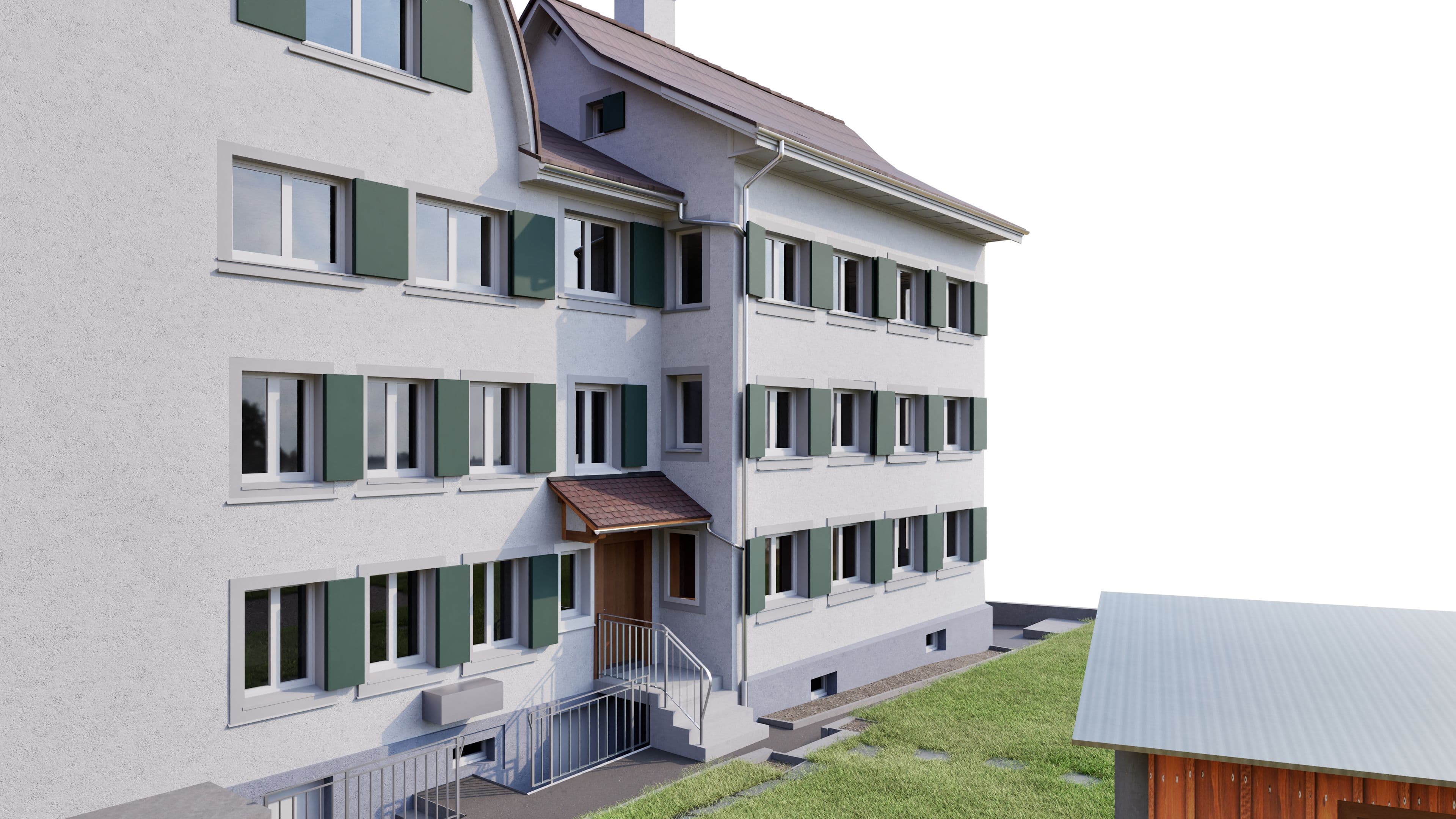 Mehrstöckiges Wohnhaus mit heller Fassade, grünen Fensterläden und zentralem Eingangsbereich mit Treppe; Außenansicht mit Rasenfläche und kleinem Nebengebäude.