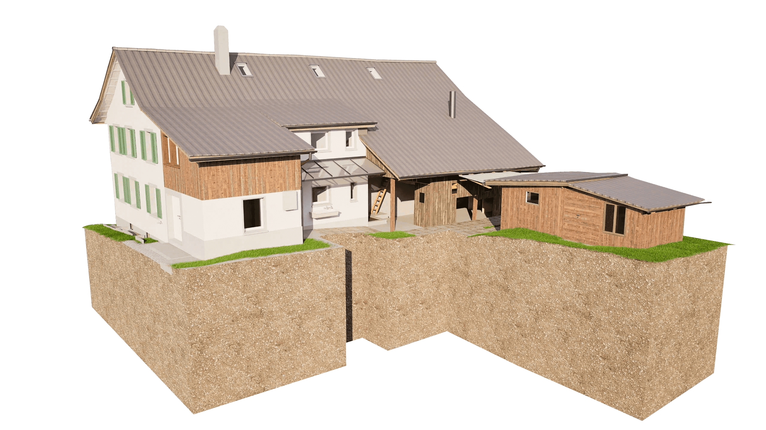 3D-Modell eines Einfamilienhauses mit Anbau und Garten auf Erdanschnitt.