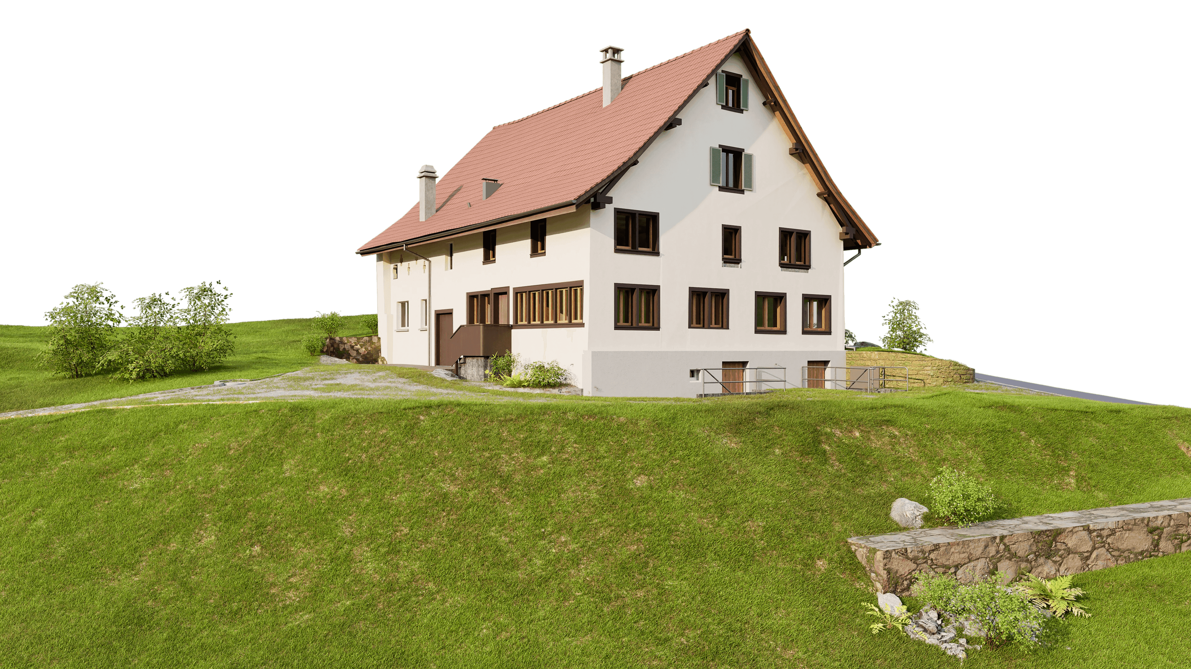 Ein traditionelles, weißes Haus mit rotem Dach auf einem Hügel umgeben von grüner Landschaft.