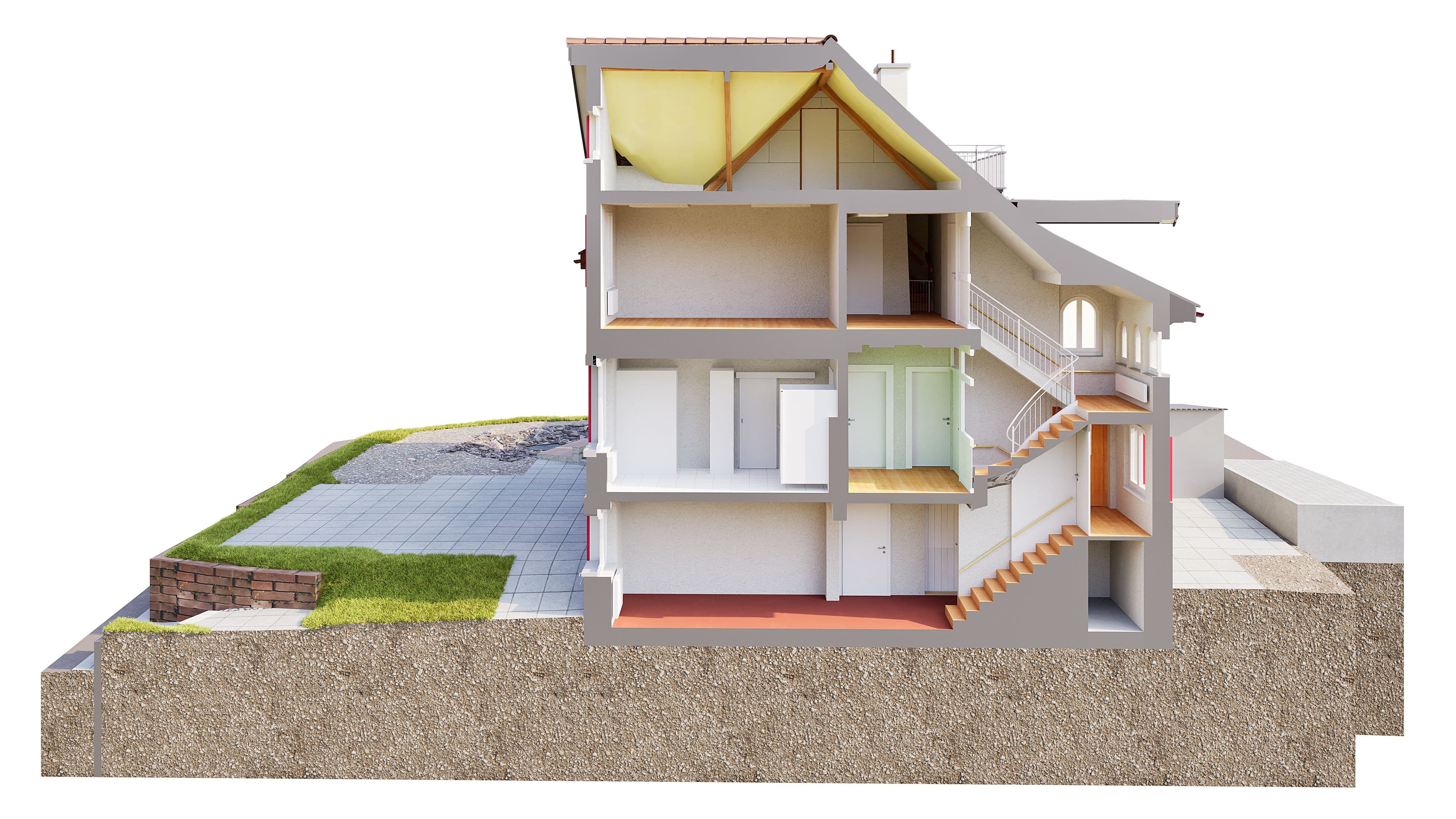 Querschnitt eines Wohnhauses mit sichtbaren Innenräumen und Einrichtung.