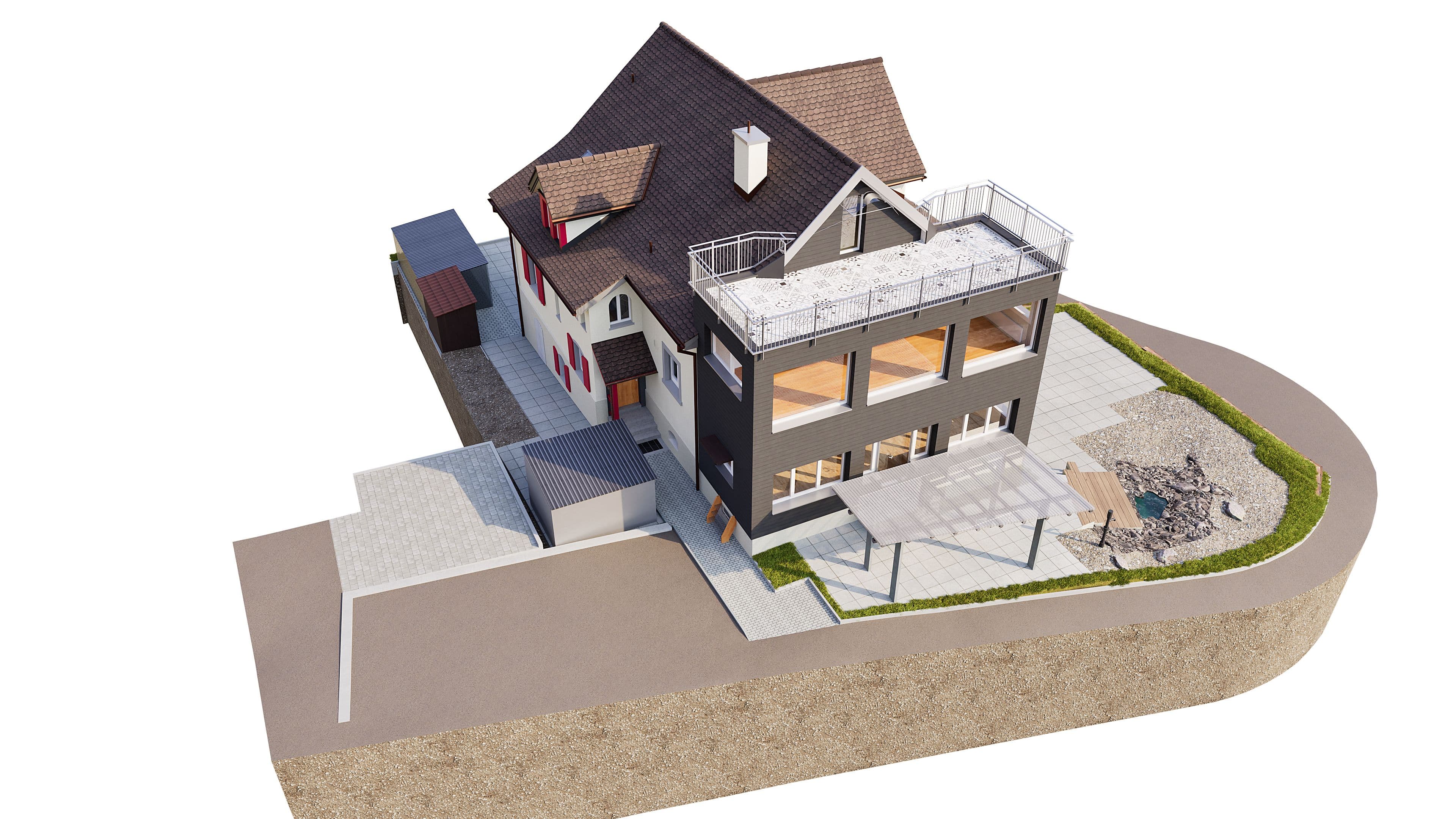 Es handelt sich um ein modernes, mehrstöckiges Gebäude mit Satteldach, Terrasse und umliegendem Weg.