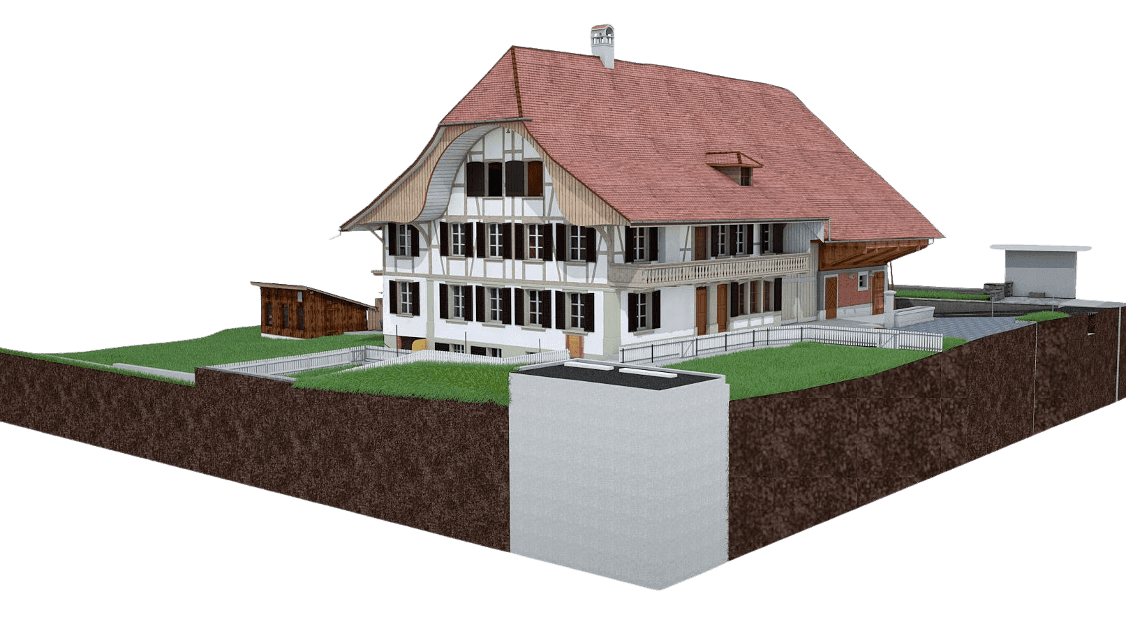 Ein modernes, zweistöckiges Haus mit Satteldach, großen Fenstern und umliegendem Garten.