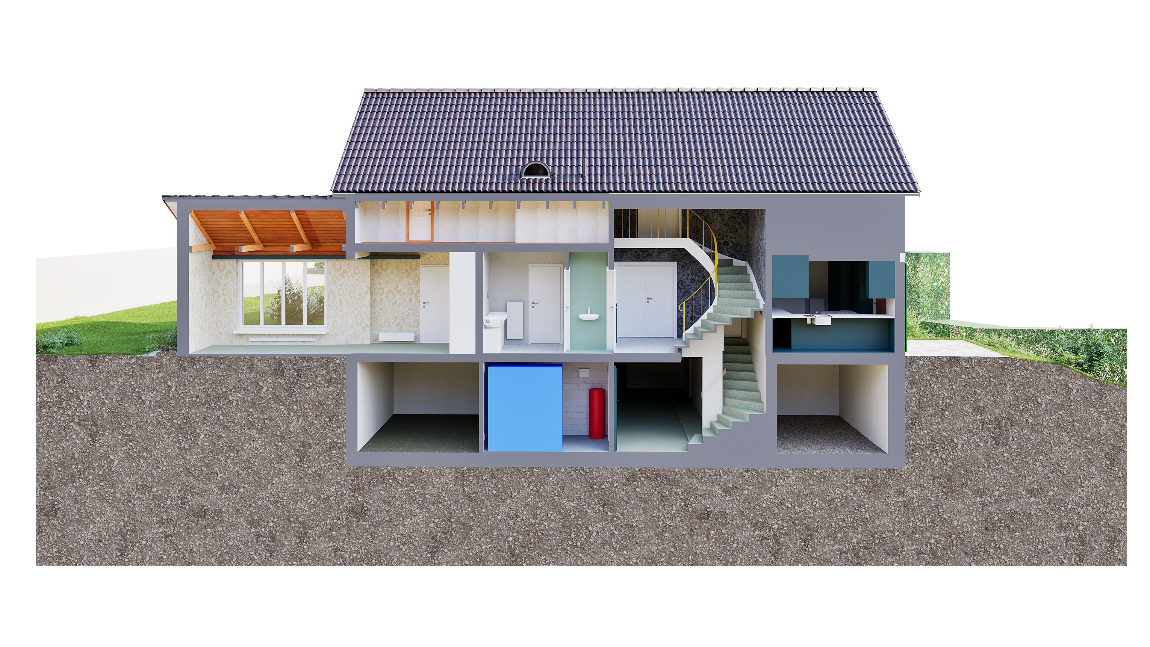 Modell eines Hauses im Querschnitt mit sichtbaren Stockwerken, Räumen und Einrichtungselementen.