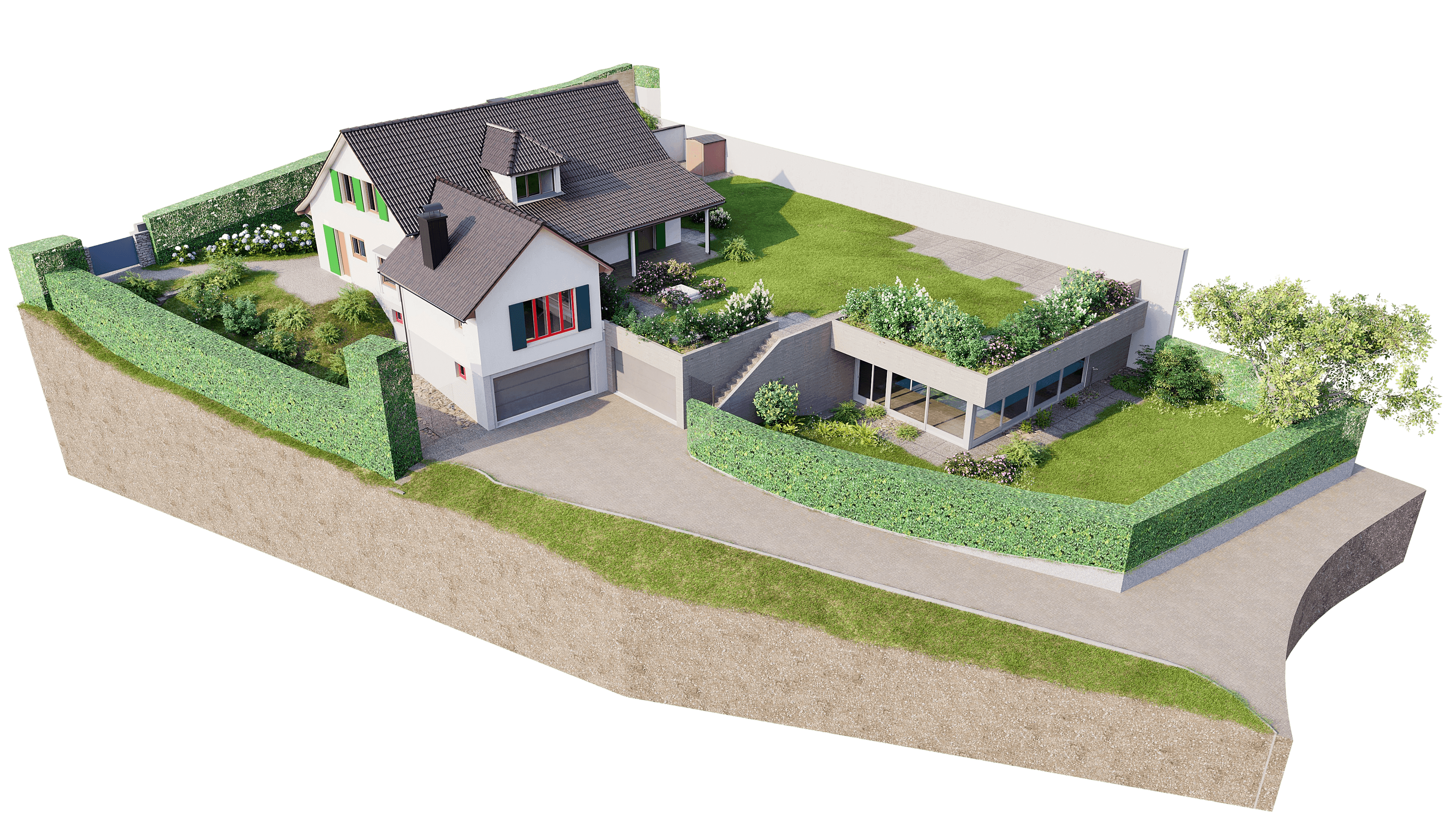 Einfamilienhaus mit Garten, Auffahrt und Terrasse, umgeben von Hecken.