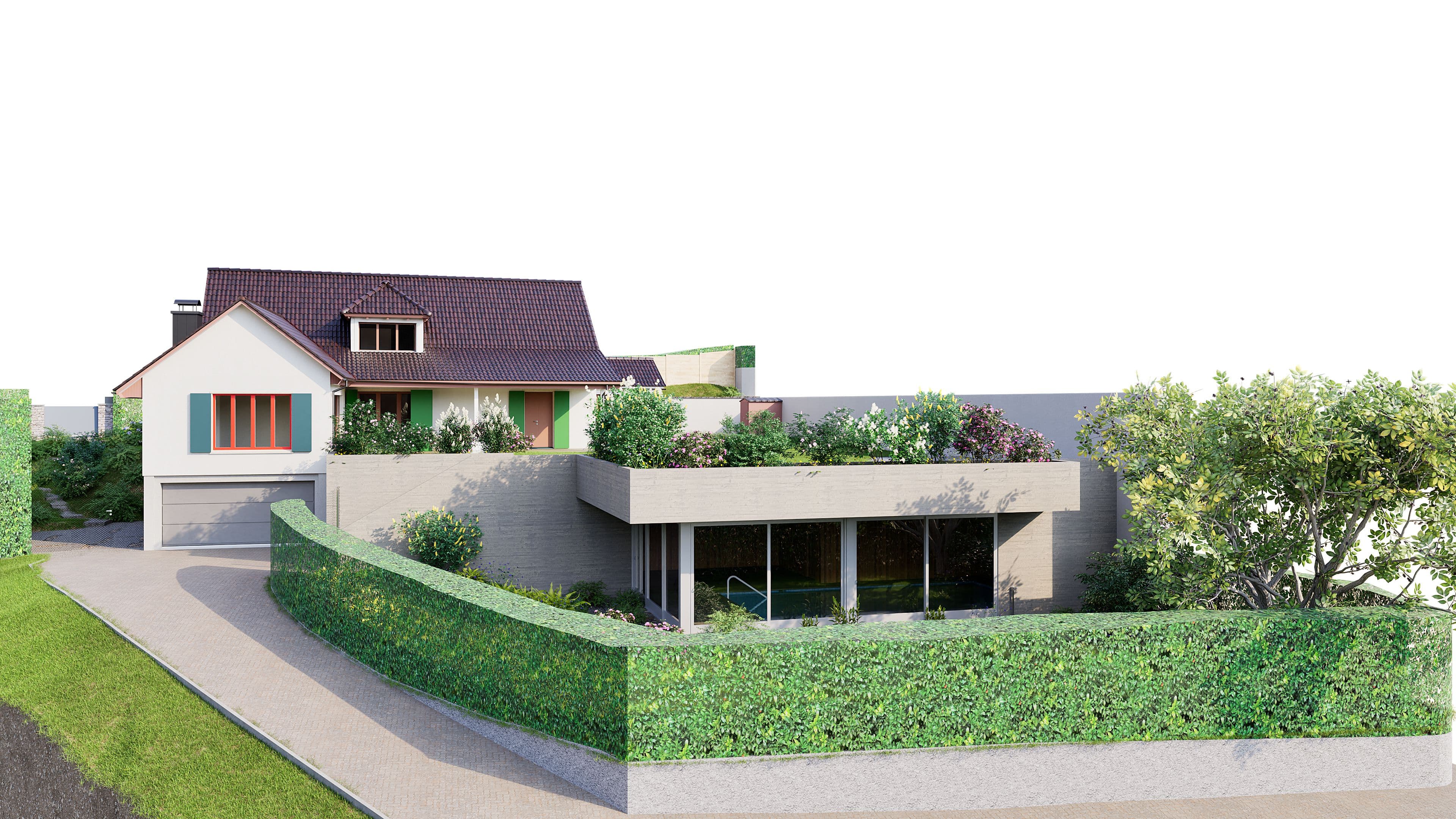 Ein modernes Haus mit zwei Etagen, umgeben von gepflegtem Garten und Hecken, mit gepflasterter Einfahrt.