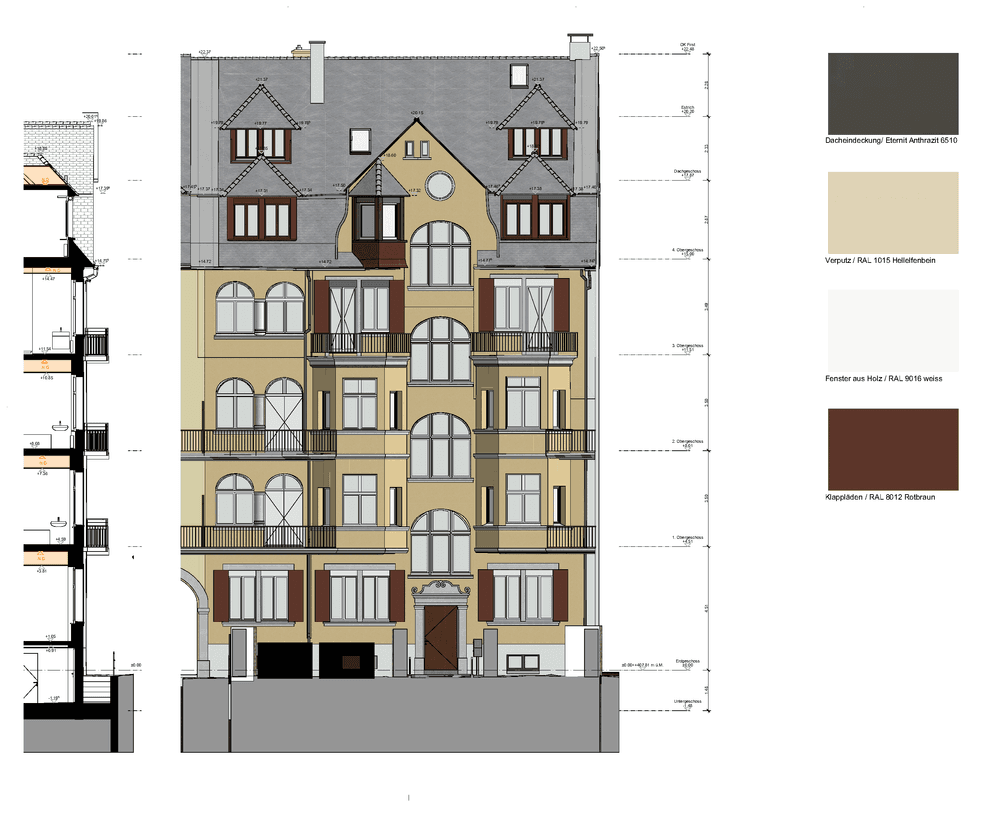 Architekturzeichnung einer historischen Wohnhausfassade: farbiger Fassadenaufbau mit Fenstern, Balkonen und Mansarddach, daneben Gebäudeschnitt und Farb-/Materiallegende für Sanierung oder Umbauplanung.