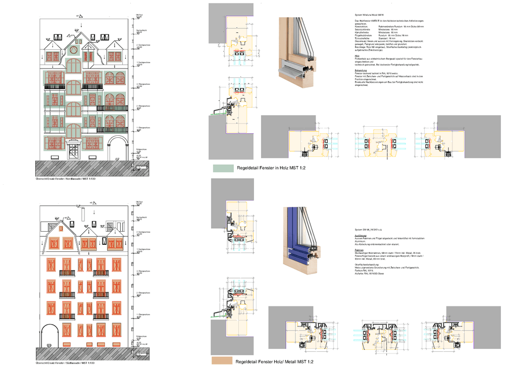 Technische Planzeichnung mit Fassadenansichten eines mehrstöckigen Gebäudes sowie Detailplänen und Schnitten zu Fensteranschlüssen und Montagedetails, inklusive Material- und Maßangaben.
