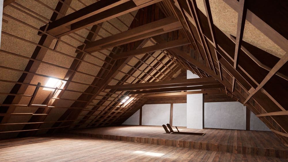 Dachboden mit Holzbalken und Tageslicht, geräumig und modern.