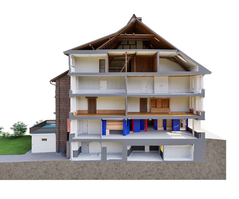 Ein modernes, vierstöckiges Gebäude im Querschnitt, das Innenräume und Bauweise zeigt, einschließlich Keller und Dachgeschoss. Ideal für Architektur und Bauwesen SEO.