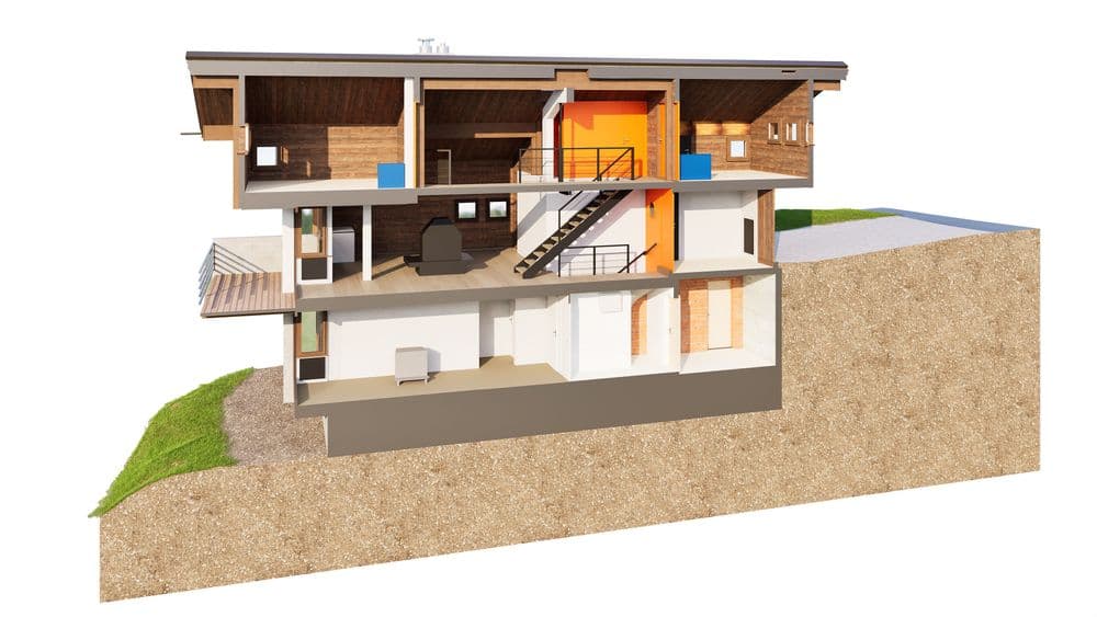 Querschnittansicht eines modernen Einfamilienhauses mit mehreren Ebenen und Einrichtungsdetails.