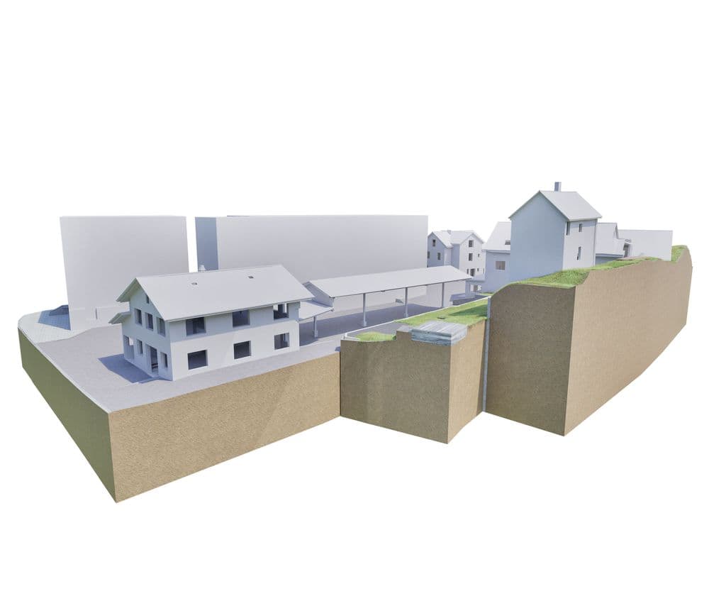Ein 3D-Modell einer städtischen Umgebung mit Gebäuden und Straßen, das Struktur und Höhenunterschiede zeigt.