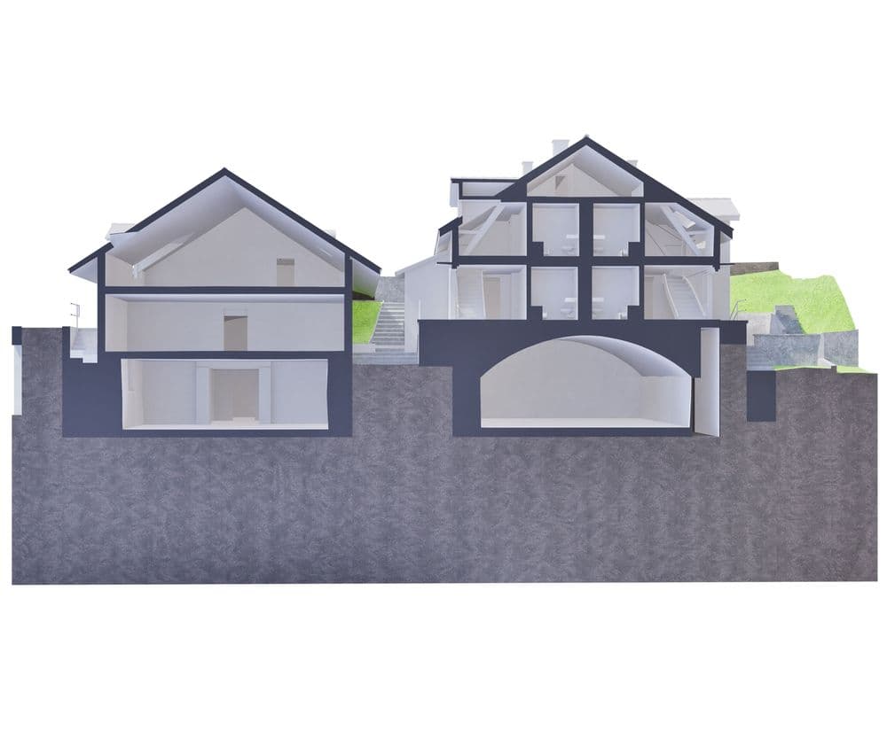 Querschnitt eines Wohnhauses mit mehrstöckigen Innenräumen und angrenzender grüner Landschaft.