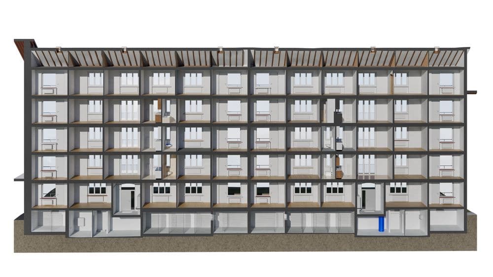 Ein mehrstöckiger Gebäudeschnitt mit sichtbaren Räumen und Strukturen.