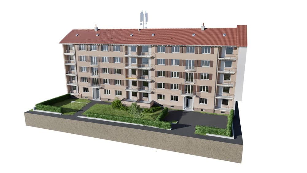 Mehrfamilienhaus mit rotem Dach, Balkonen und Gartenanlagen.