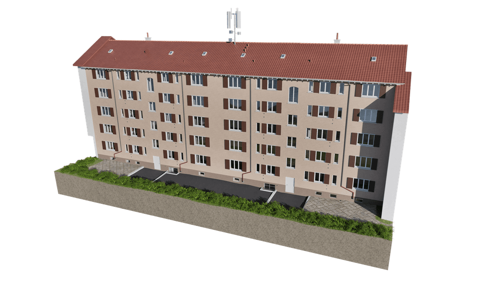 Mehrfamilienhaus mit rotem Dach, mehreren Stockwerken und zahlreichen Fenstern.